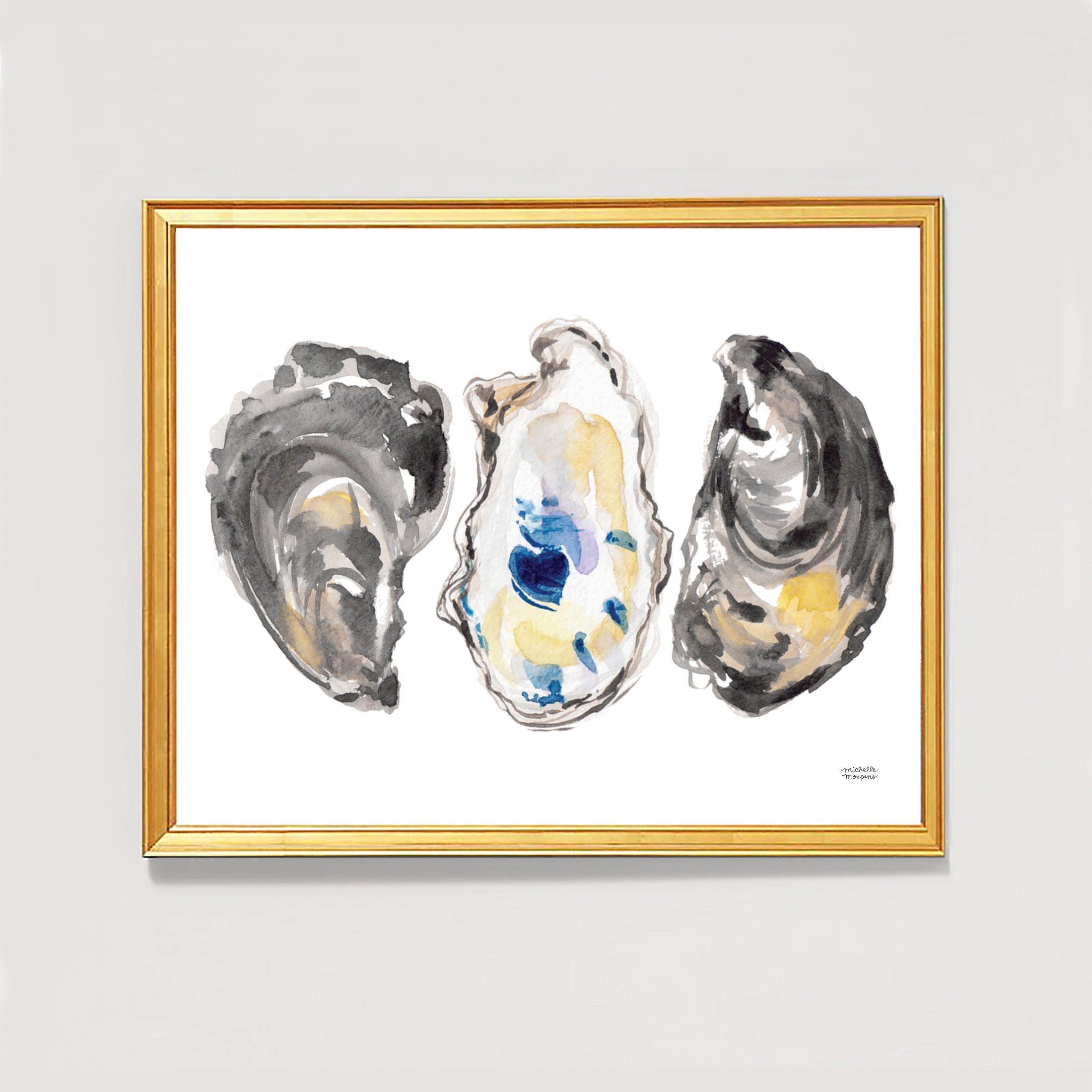 Coastal Wall Decor: Watercolor oyster shells painting wall art print by Michelle Mospens.