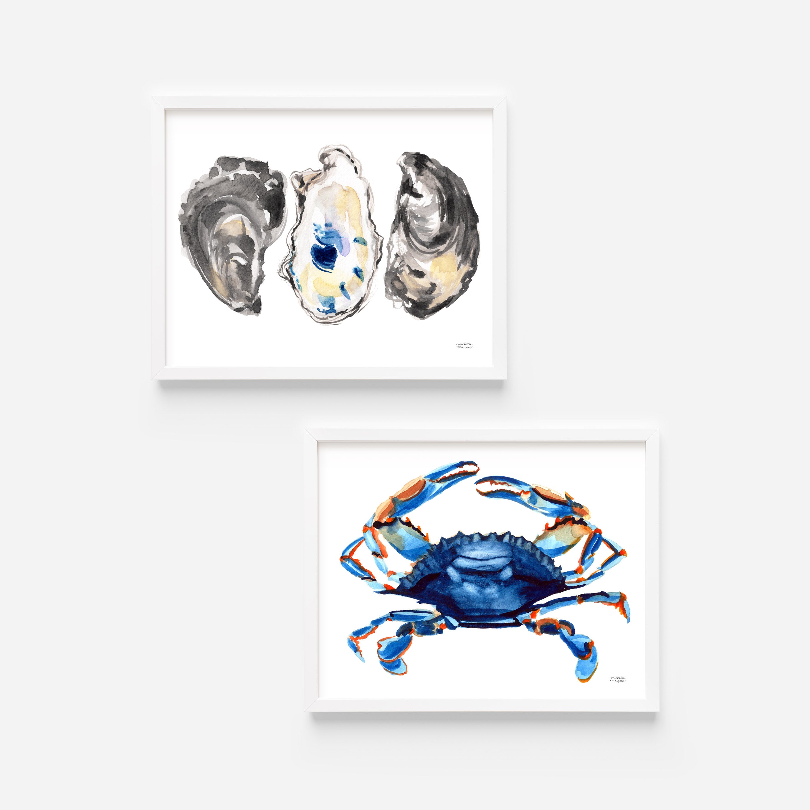 Watercolor Oysters and Blue Crab Art Print Set | Coastal Wall Art