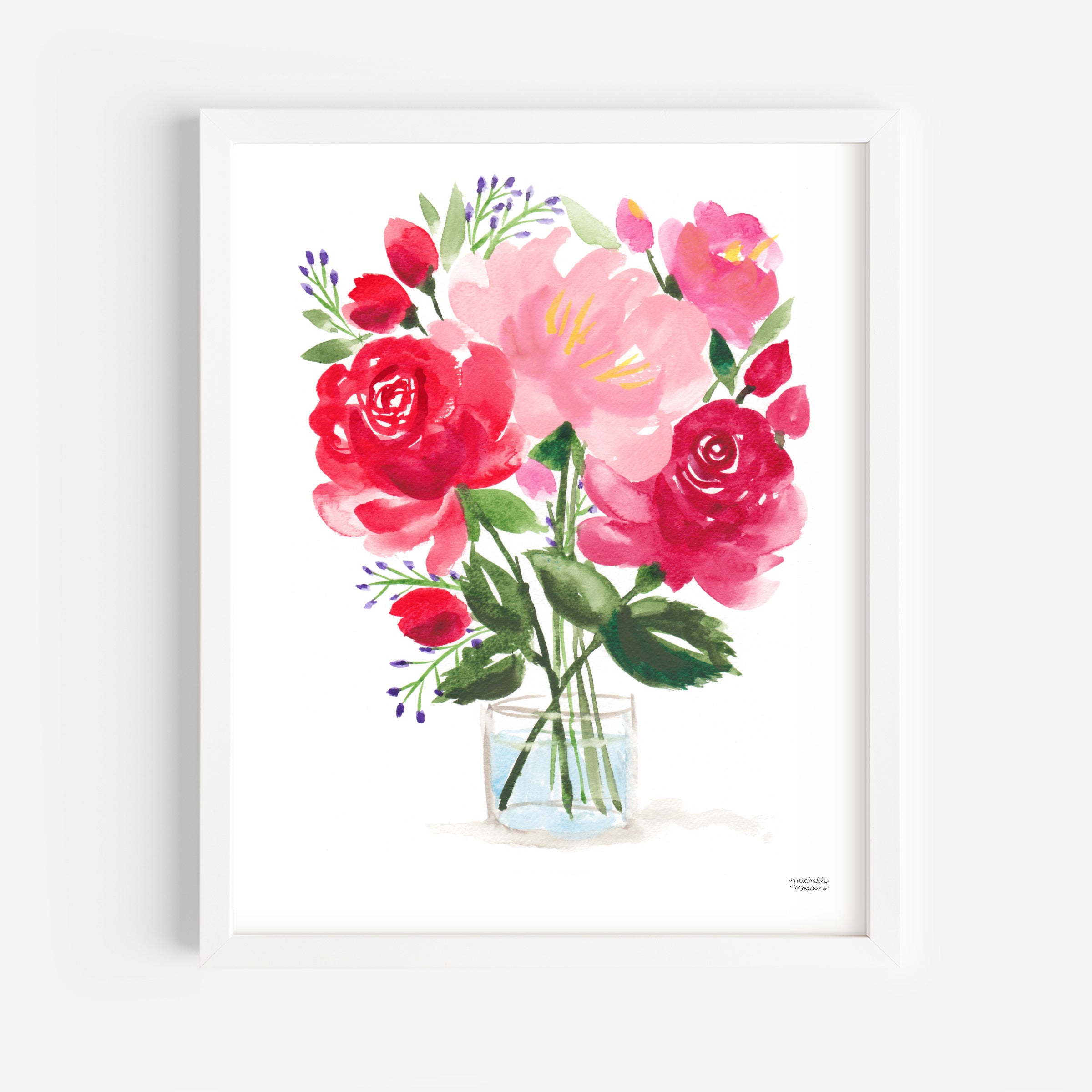 Painterly Red Roses Floral Bouquet Wall Art Print by Michelle Mospens