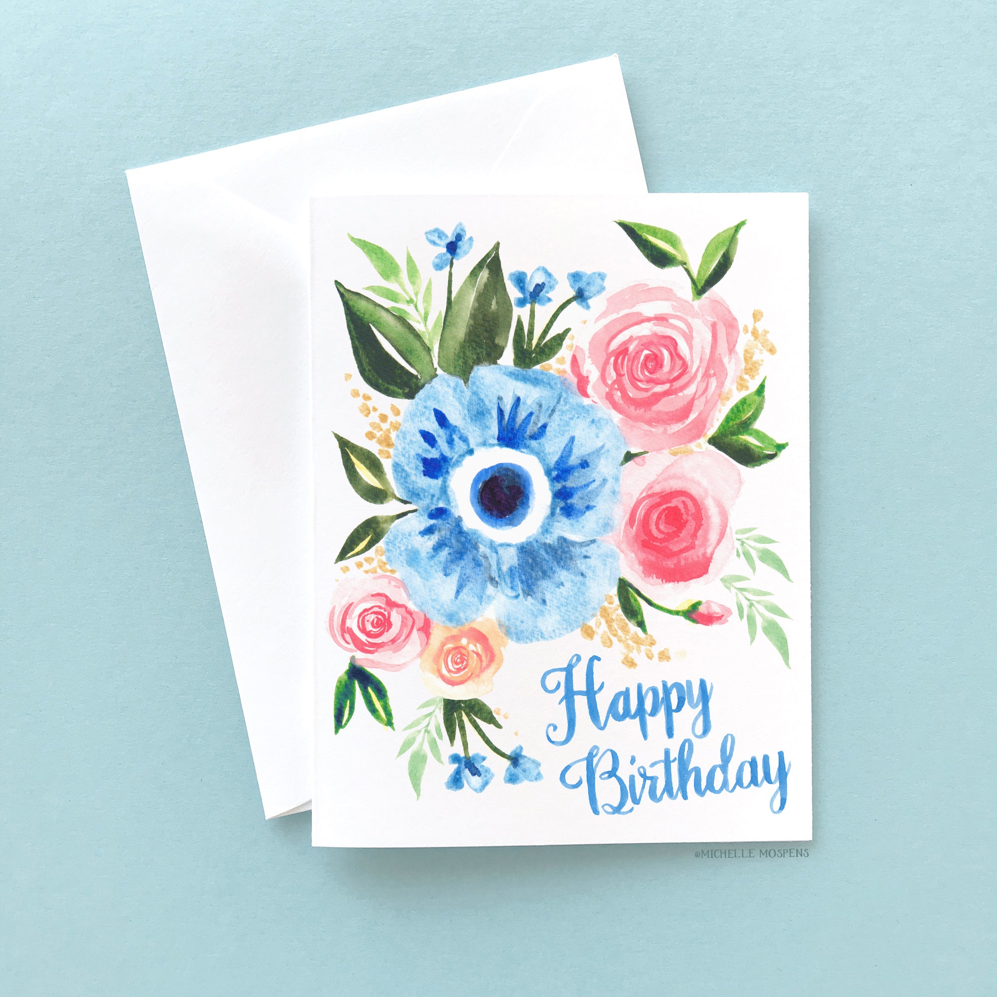 Blue Poppy Posy Birthday Card