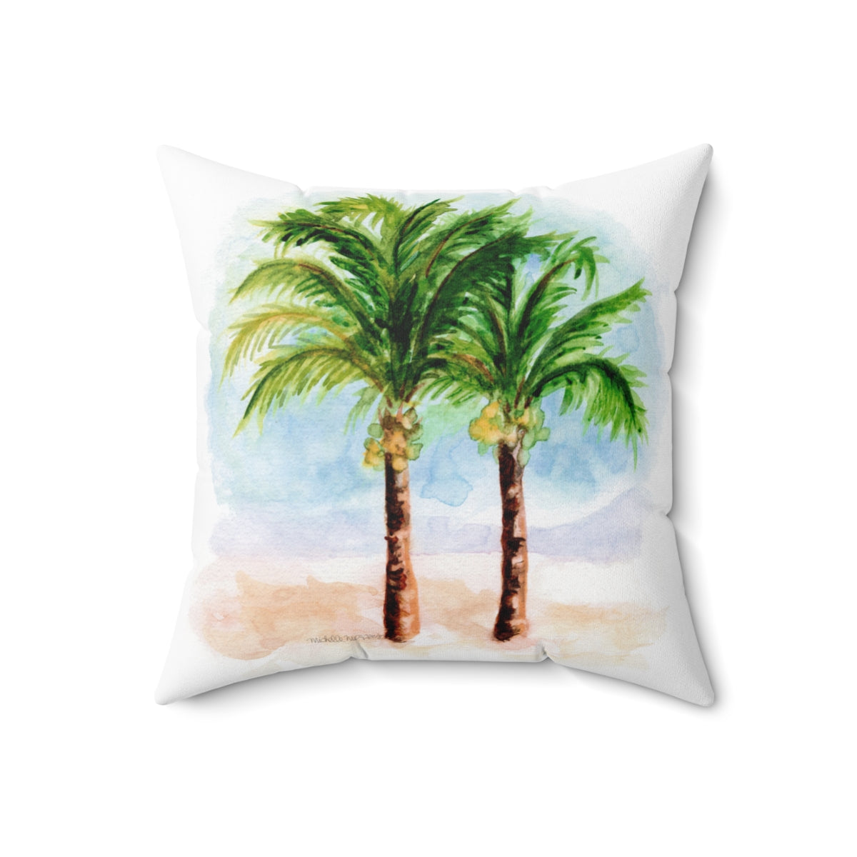 Watercolor Tropical Palm Trees Square Pillow by Artist Michelle Mospens