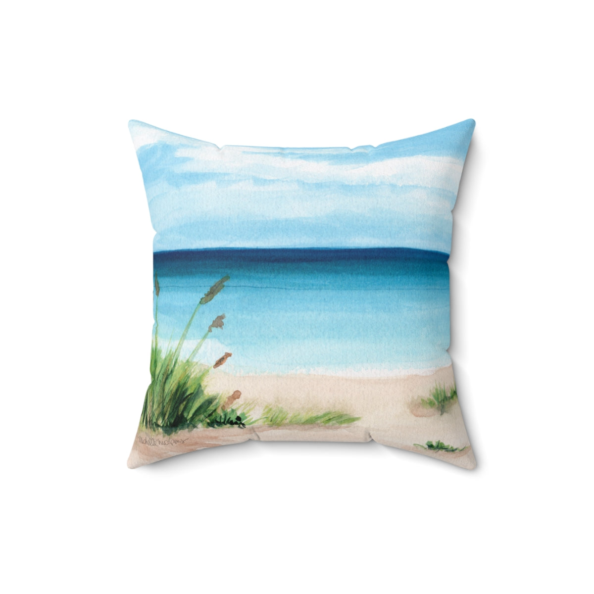 Watercolor Beach Scene Square Pillow by Artist Michelle Mospens
