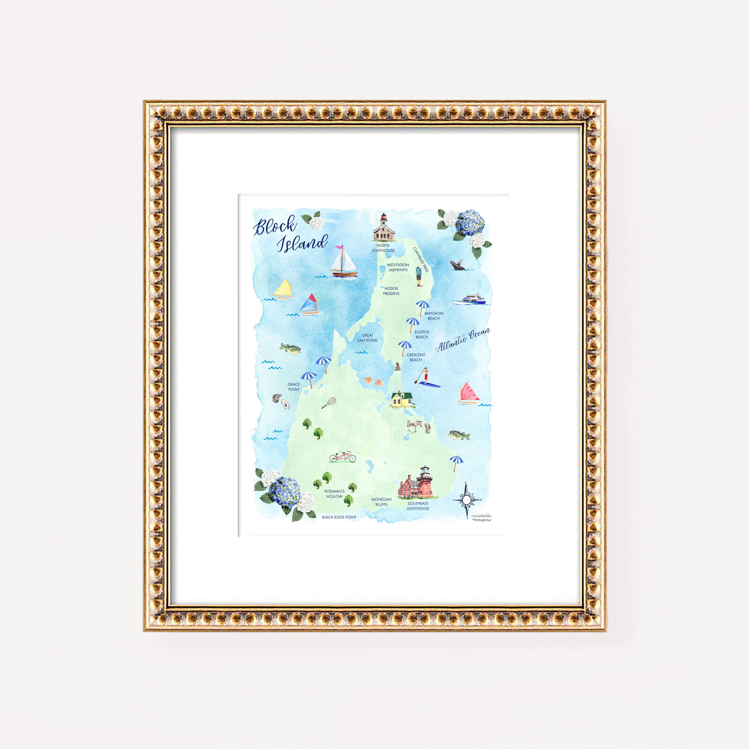 Block Island Rhode Island Map Art Print - Watercolor by Michelle Mospens
