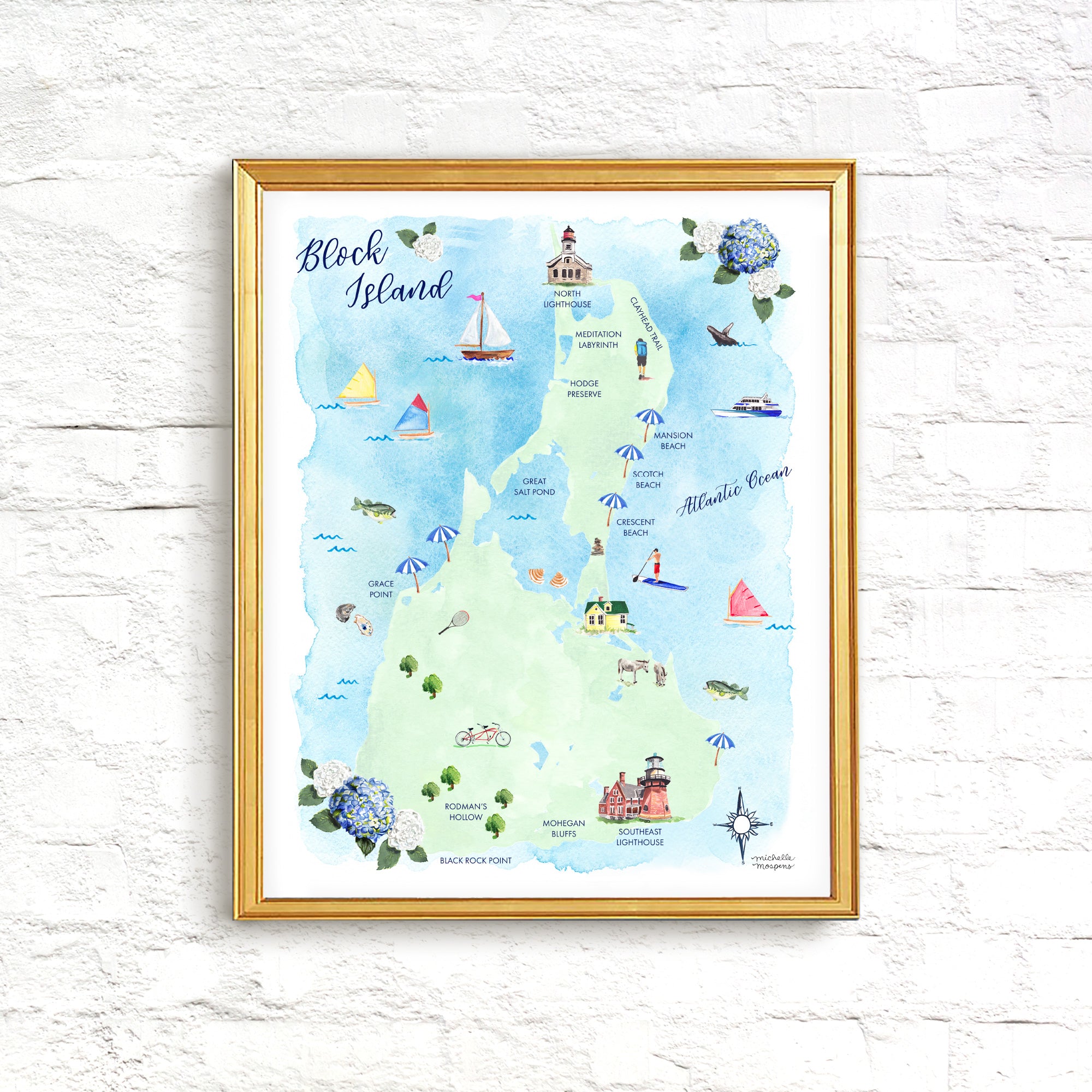 Block Island Rhode Island Map Art Print - Watercolor by Michelle Mospens