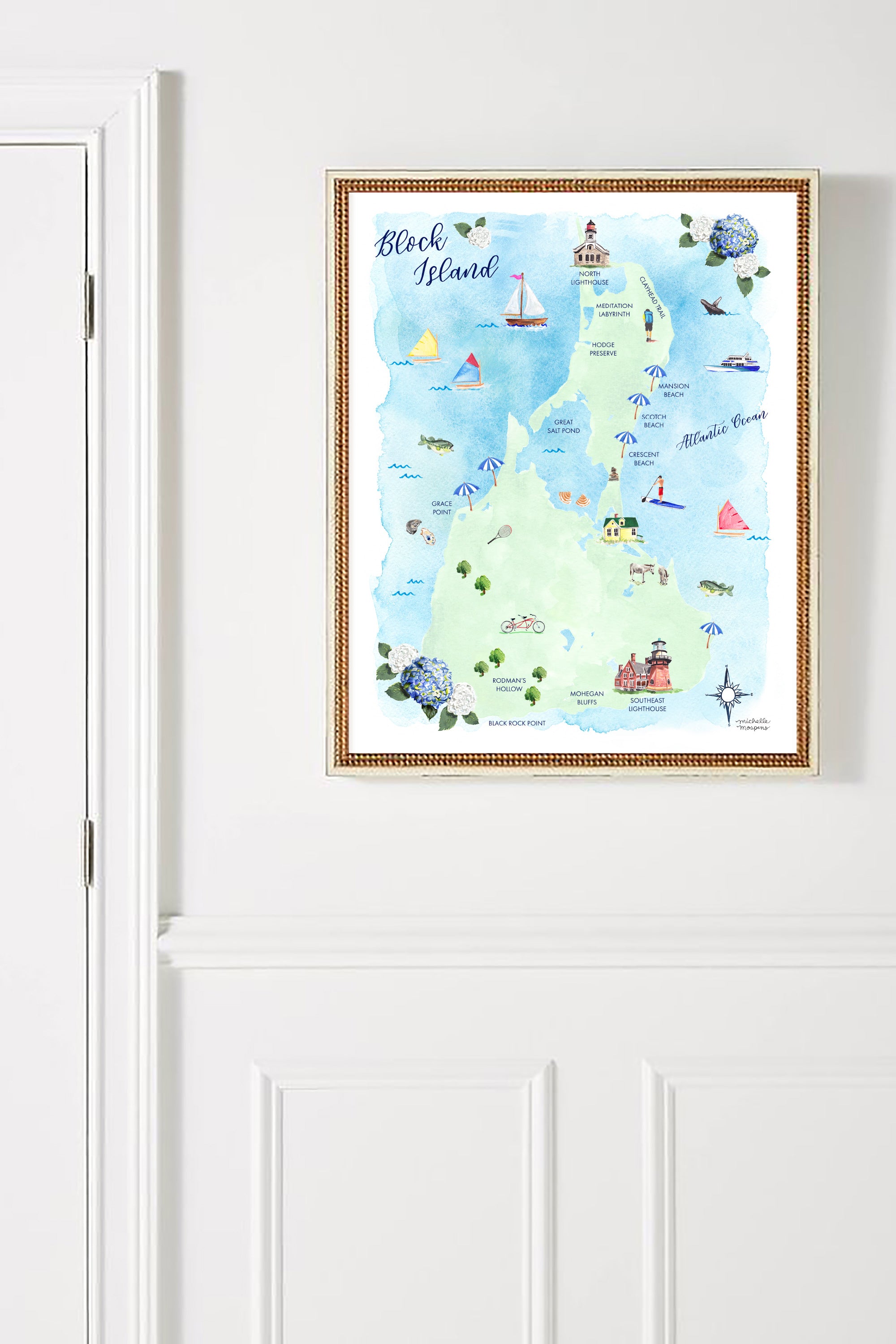 Block Island Rhode Island Map Art Print - Watercolor by Michelle Mospens
