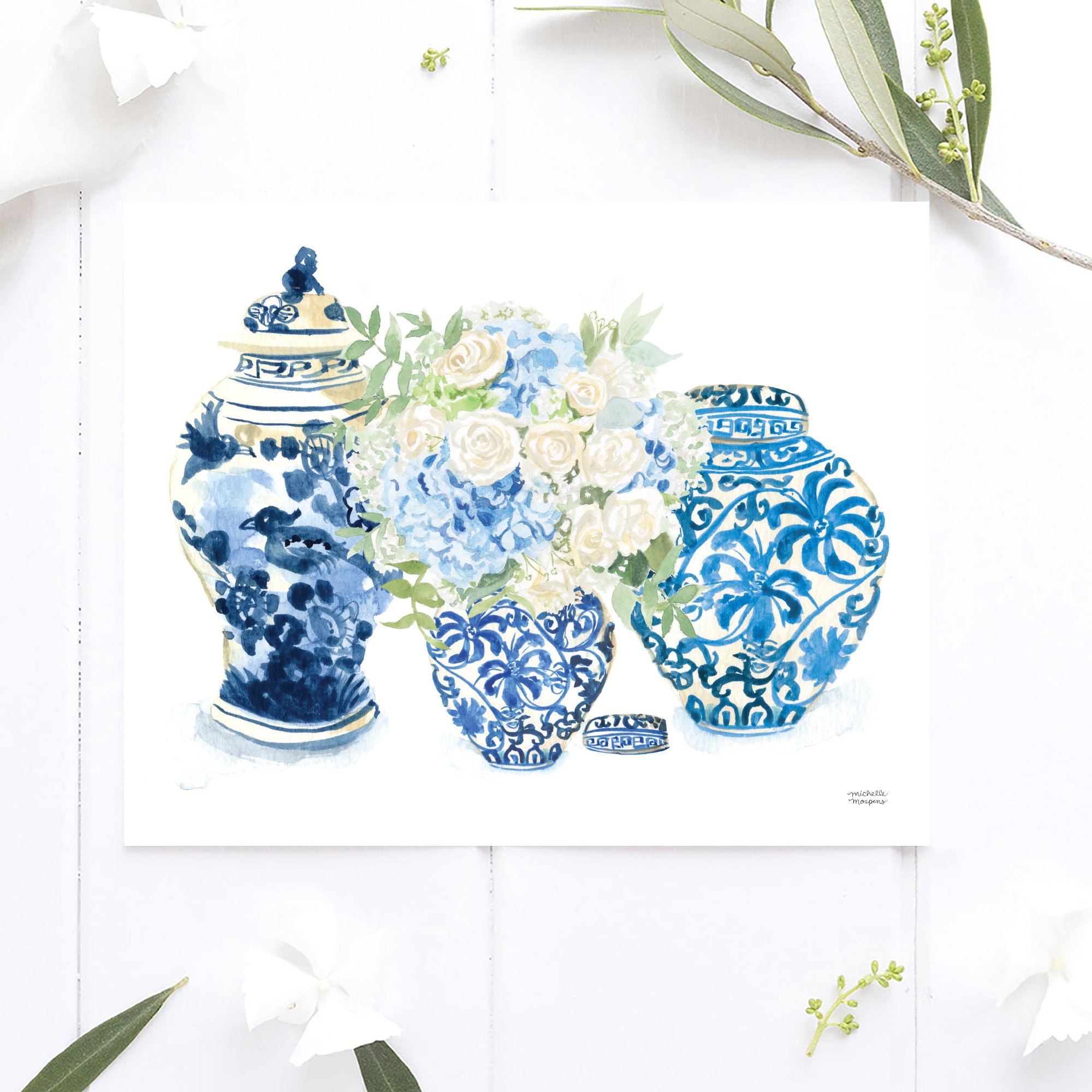 Watercolor Art Print - Blue and White Forever