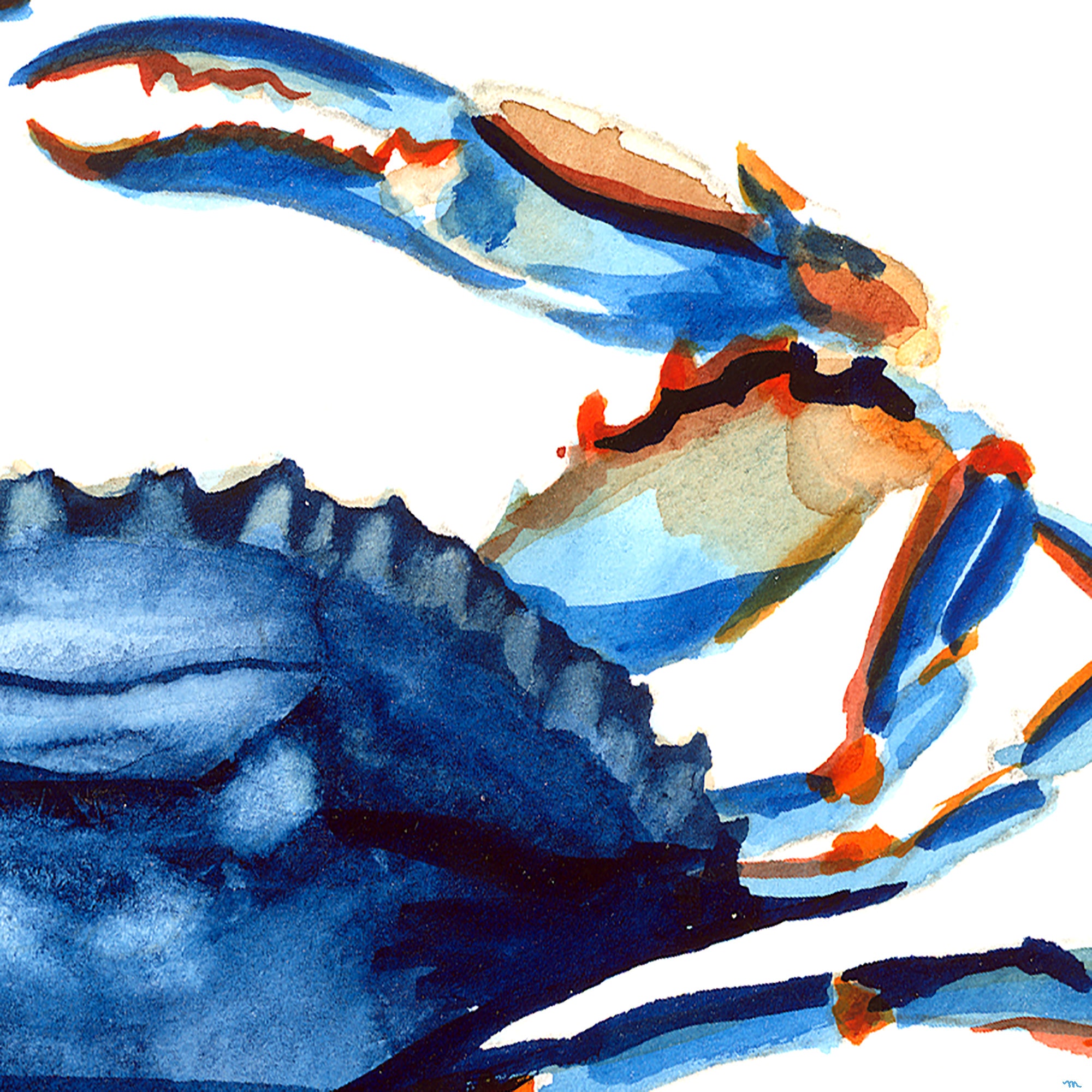 Watercolor blue crab painting wall art print by artist Michelle Mospens.