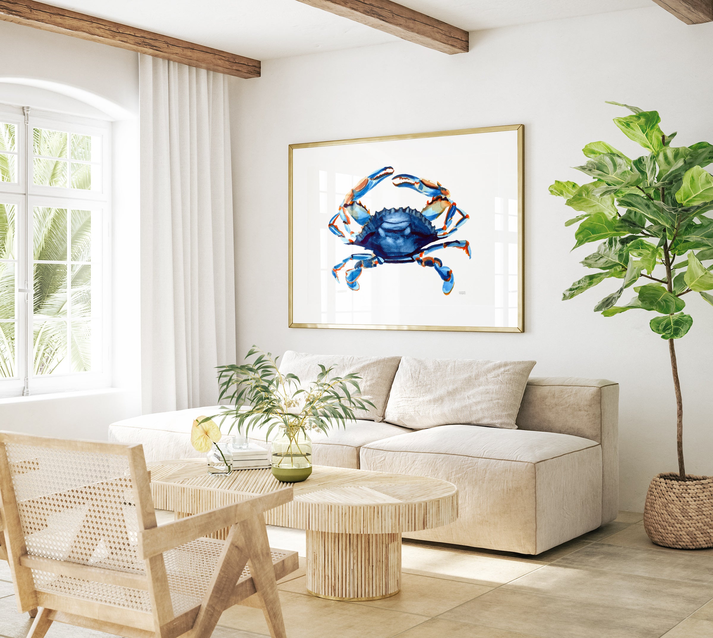 Watercolor Blue Crab Coastal Extra Large Wall Art Print by Michelle Mospens, Unframed