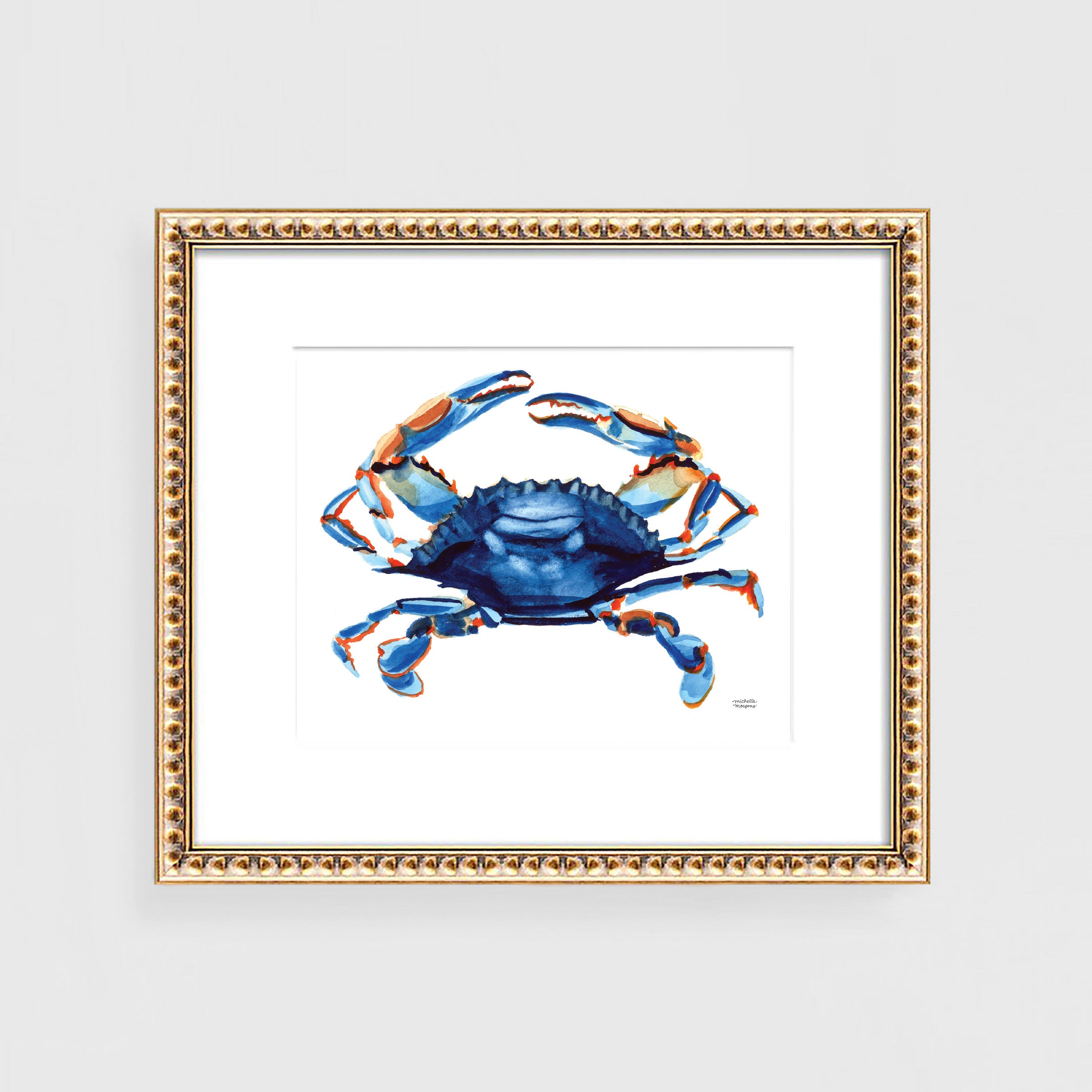 Watercolor blue crab painting wall art print by artist Michelle Mospens.