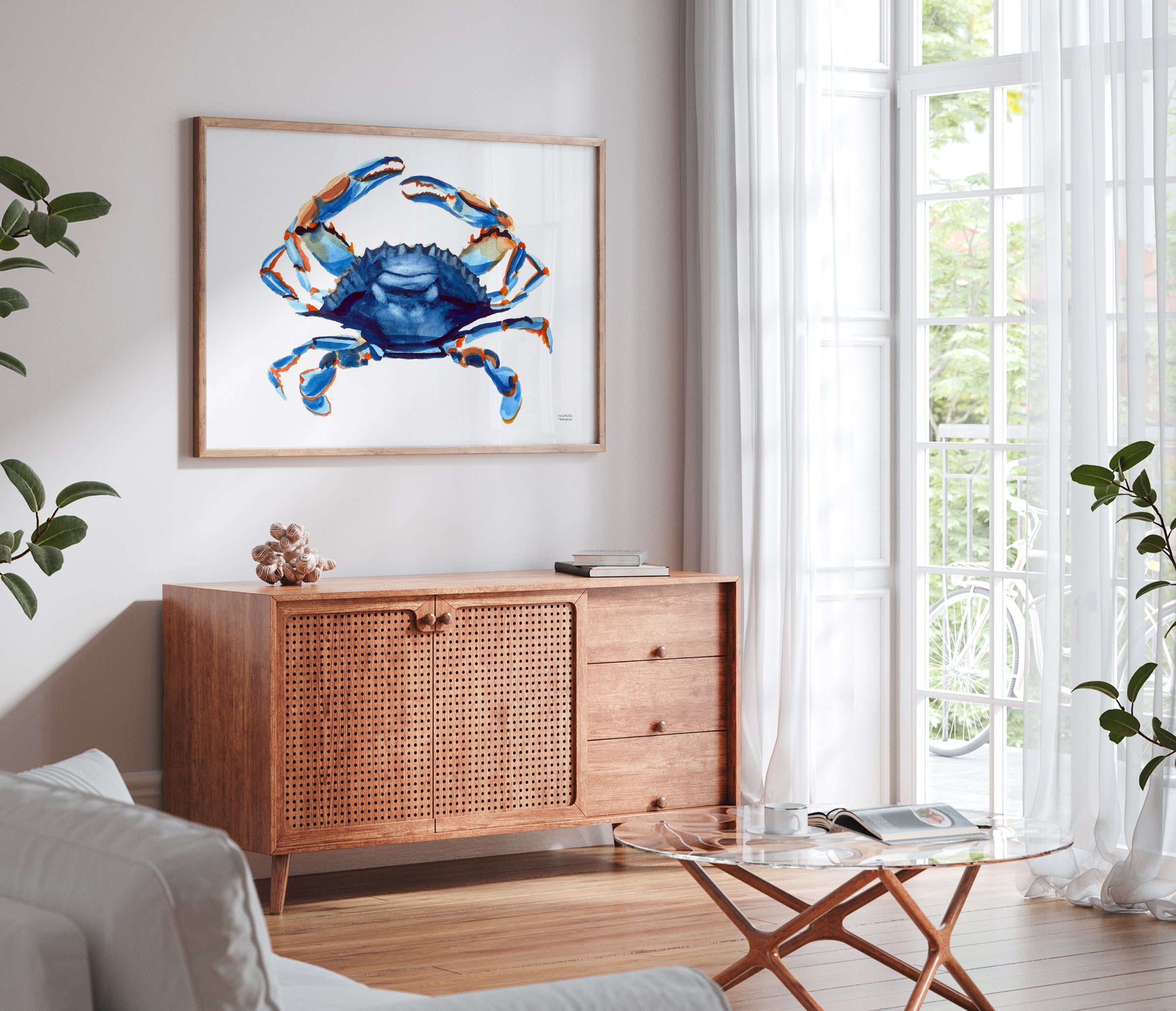Watercolor Blue Crab Coastal Extra Large Wall Art Print by Michelle Mospens, Unframed