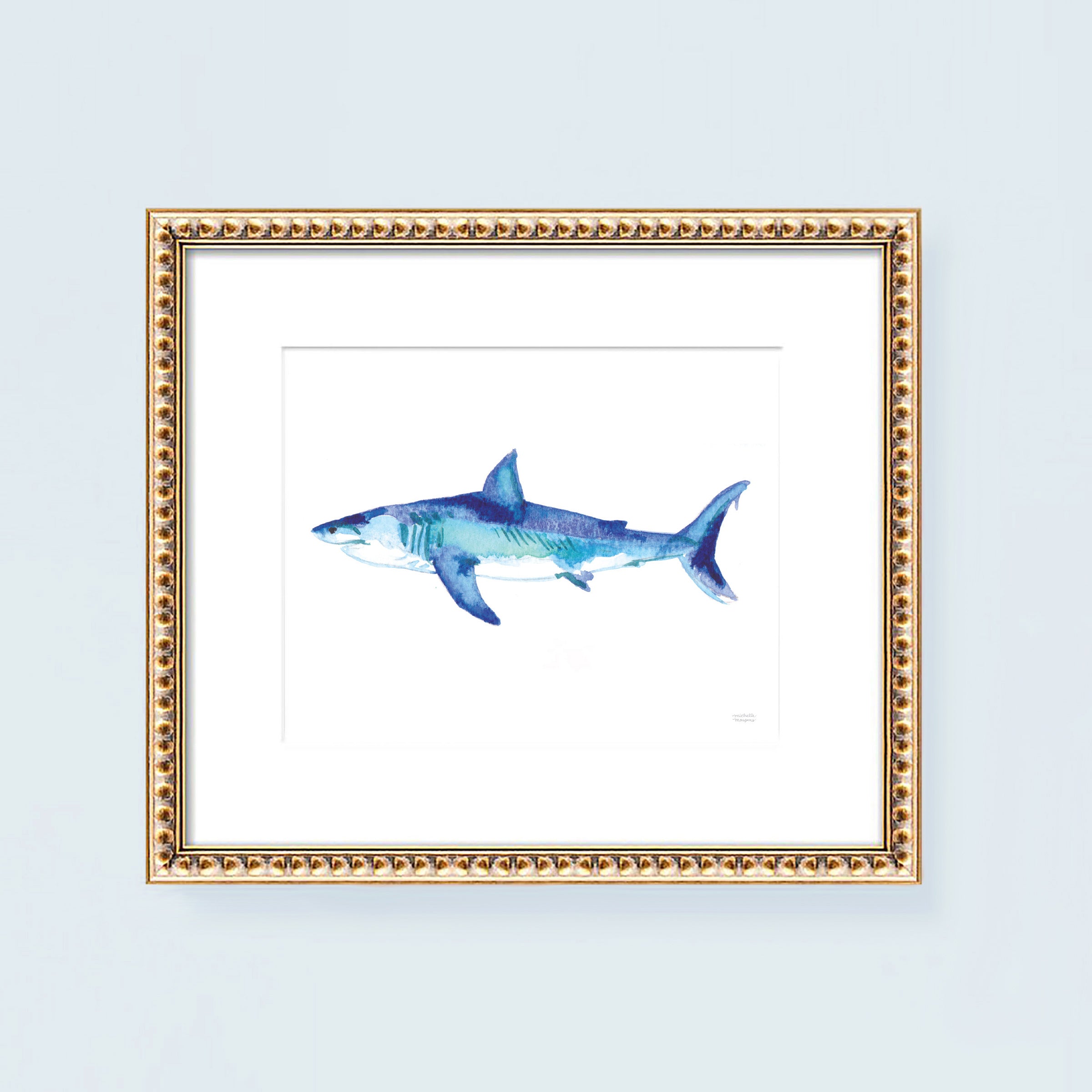 Watercolor Blue Shark Nautical Coastal Wall Art Print Unframed - Michelle Mospens