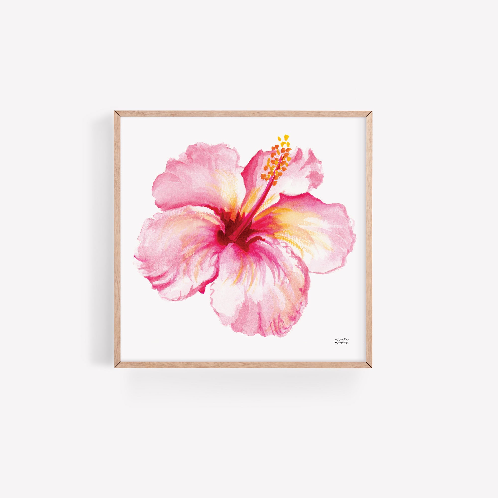 A watercolor painting of a pink hibiscus flower with a yellow center. The flower is in the center of the image and is surrounded by white space. The artist's signature is in the bottom right corner of the image.