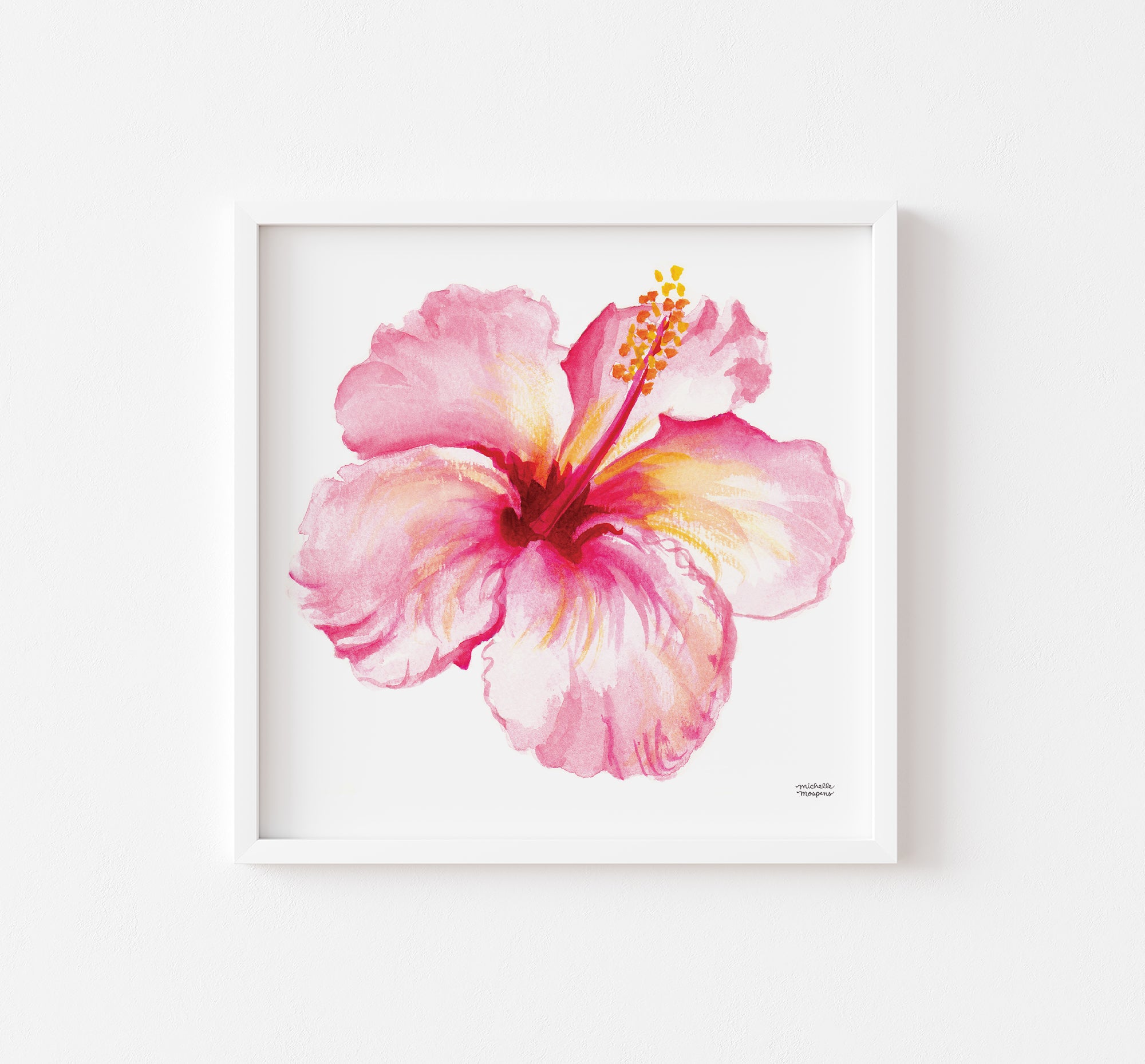 A watercolor painting of a pink hibiscus flower with a yellow center. The flower is in the center of the image and is surrounded by white space. The artist's signature is in the bottom right corner of the image.