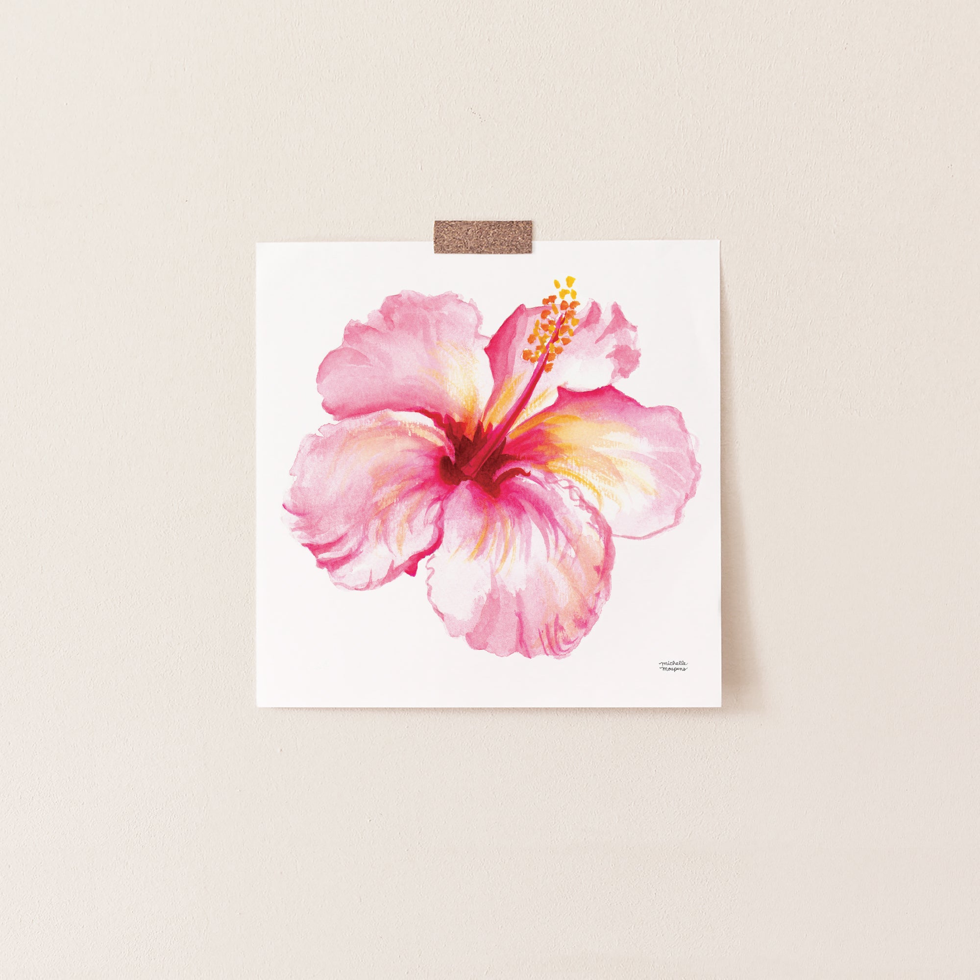 A watercolor painting of a pink hibiscus flower with a yellow center. The flower is in the center of the image and is surrounded by white space. The artist's signature is in the bottom right corner of the image.
