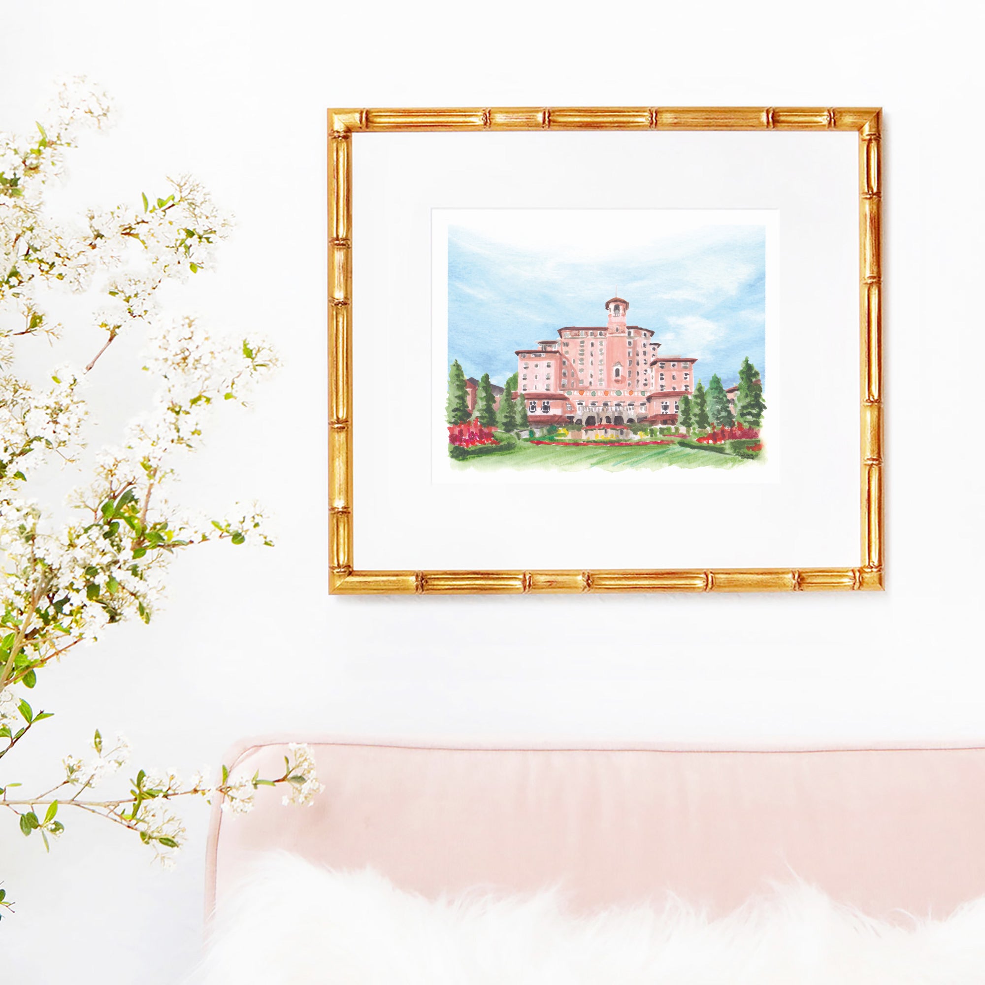 Broadmoor Colorado Venue Watercolor Wall Art Print by artist Michelle Mospens.