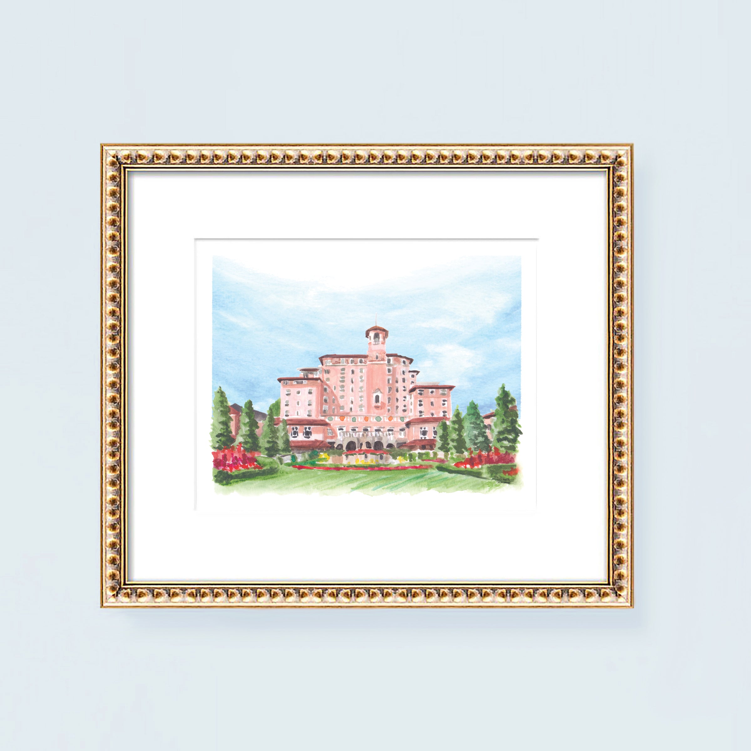 Broadmoor Colorado Venue Watercolor Wall Art Print by artist Michelle Mospens.