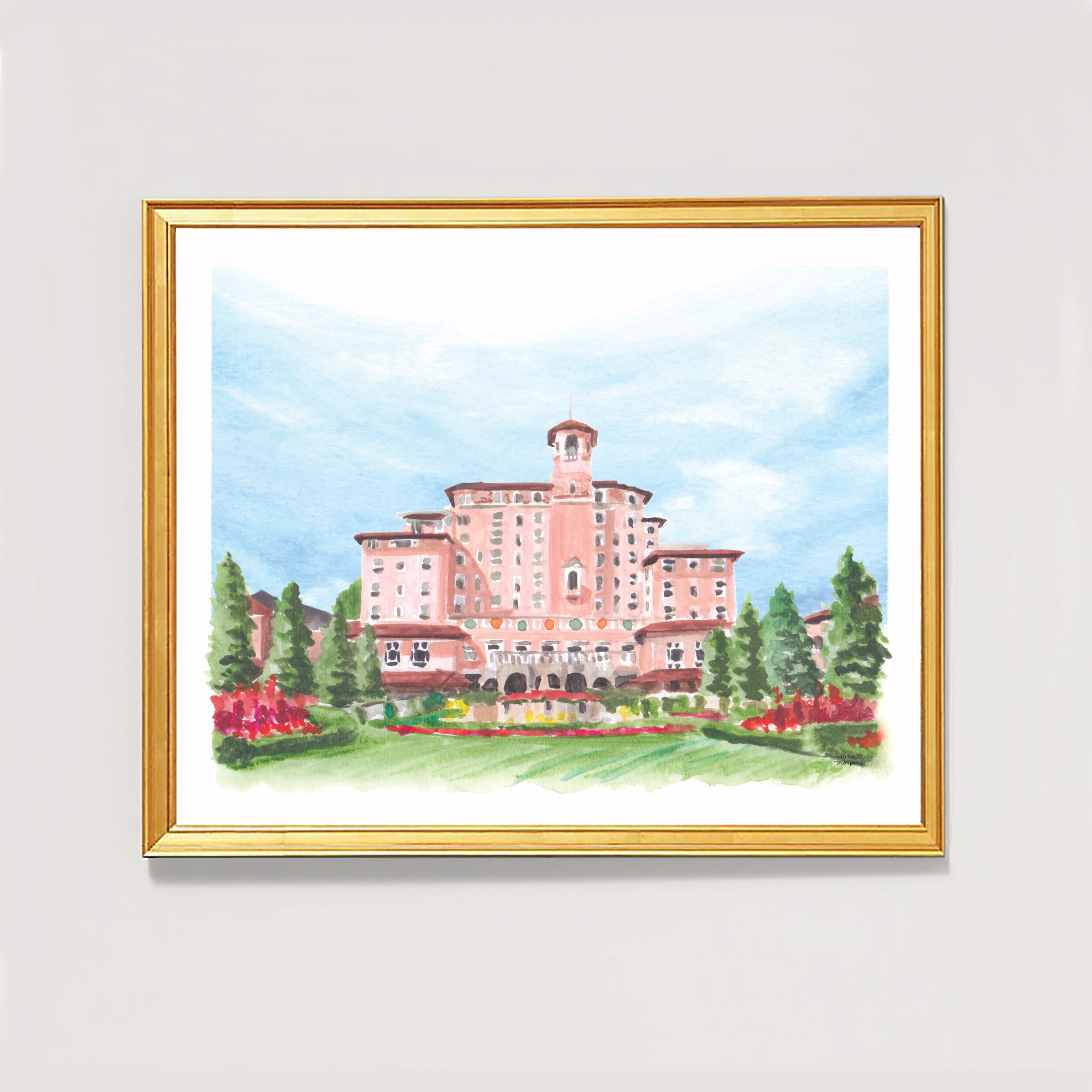 Broadmoor Colorado Venue Watercolor Wall Art Print by artist Michelle Mospens.