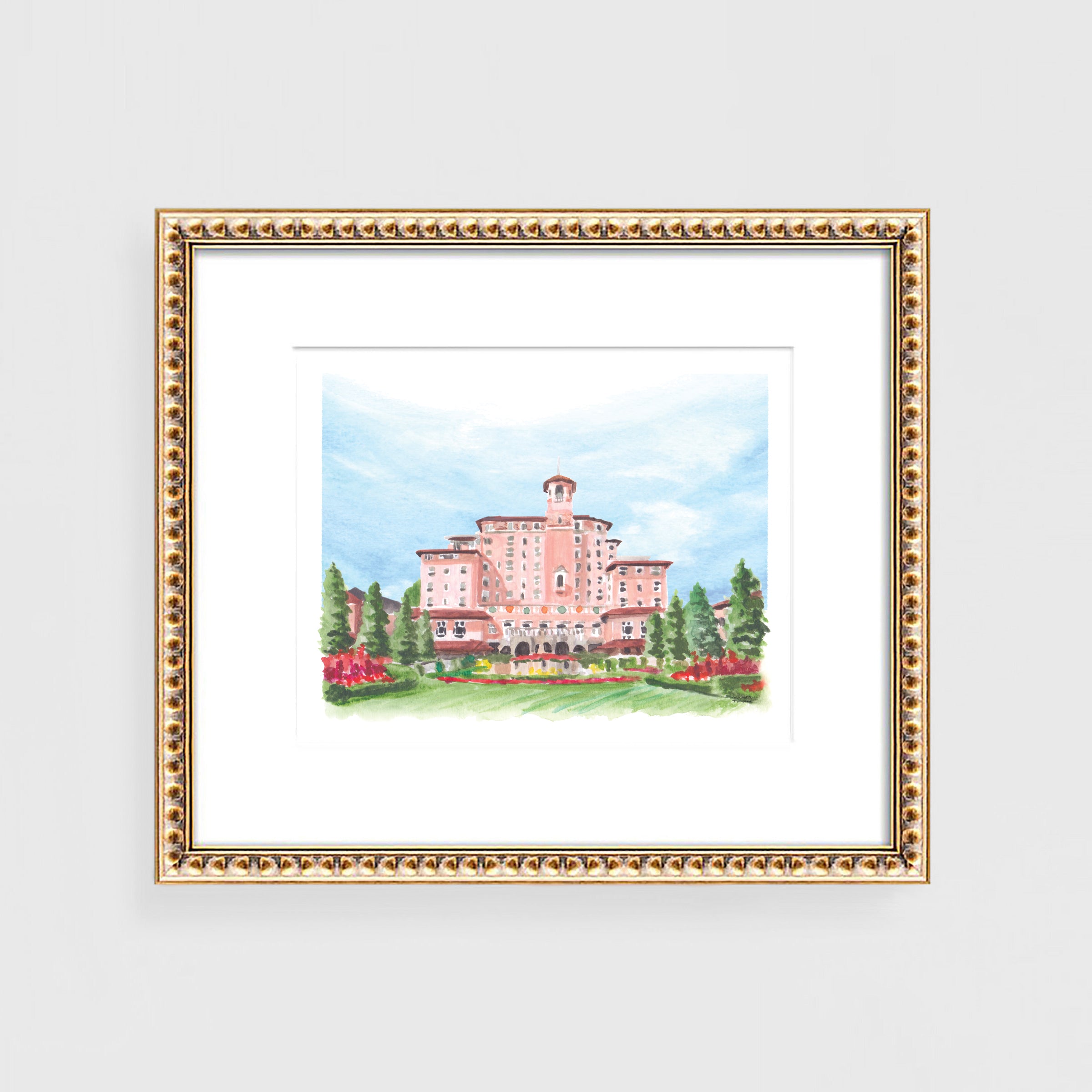 Broadmoor Colorado Venue Watercolor Wall Art Print by artist Michelle Mospens.