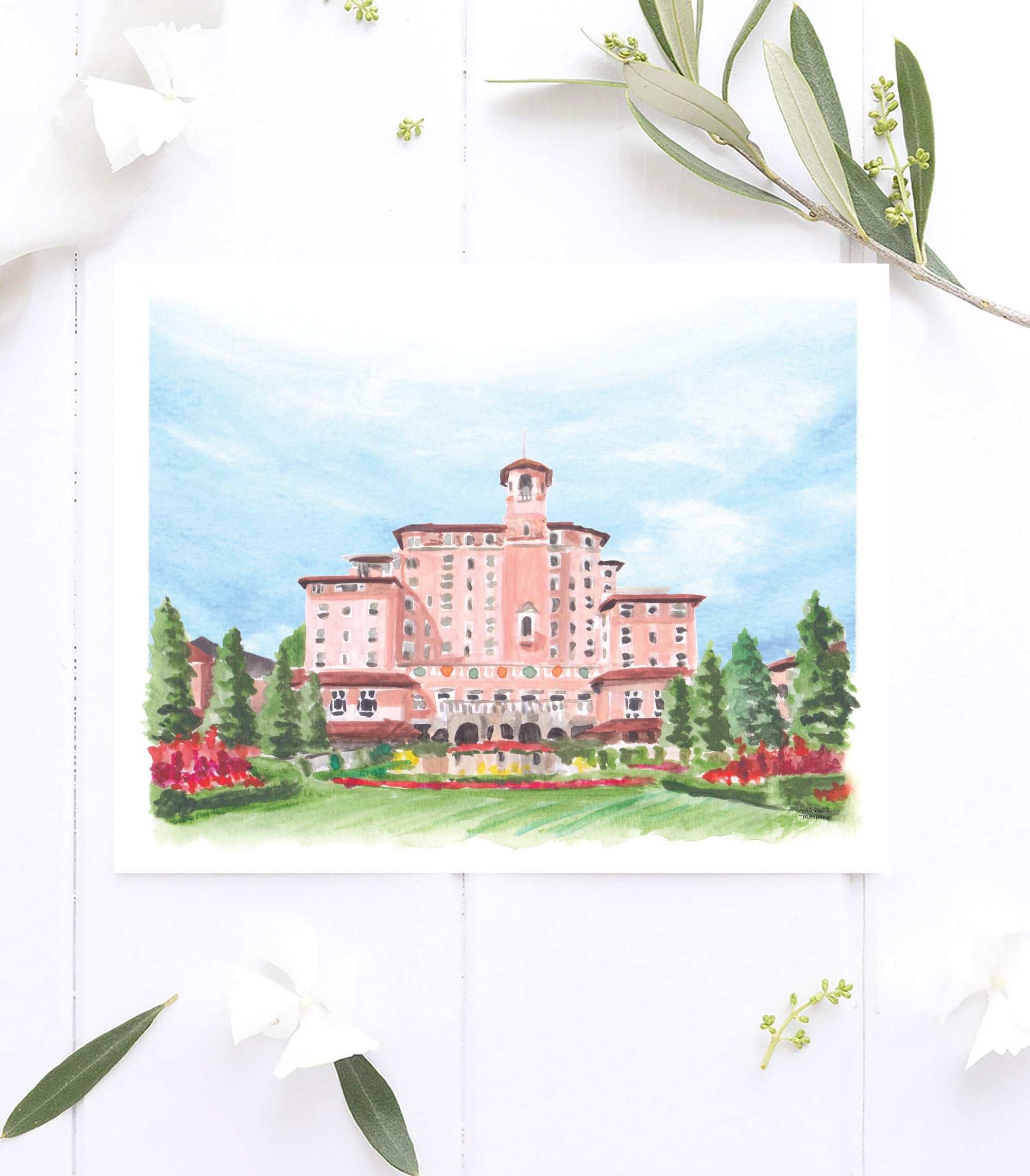 Broadmoor Colorado Venue Watercolor Wall Art Print by artist Michelle Mospens.