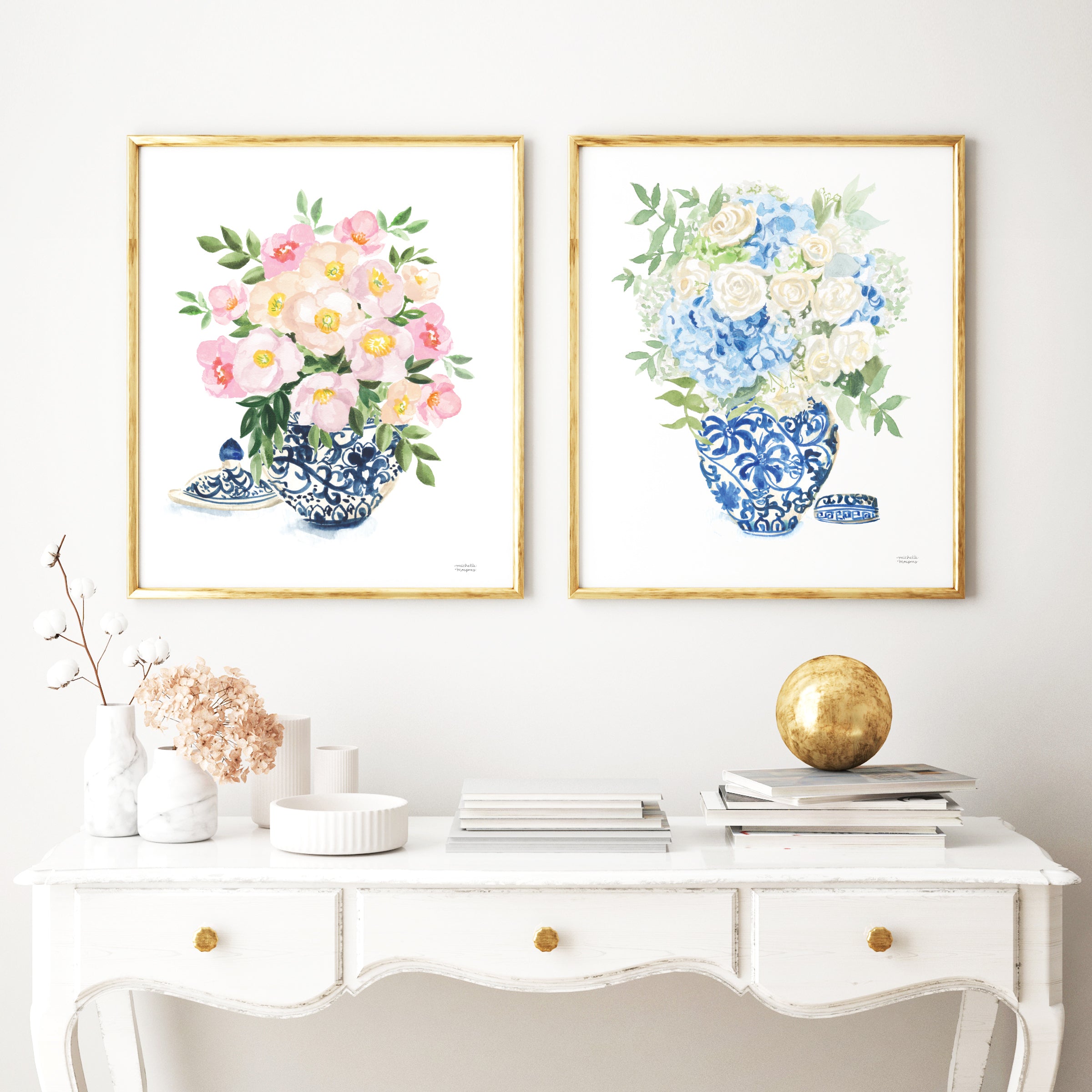 Two paper art prints with pastel flowers in blue and white ginger jars. Watercolor whimsical illustrations perfectly match the traditional Grandmillennial home decor. Unframed ready for you to add to your own matt and or frame you have at home.