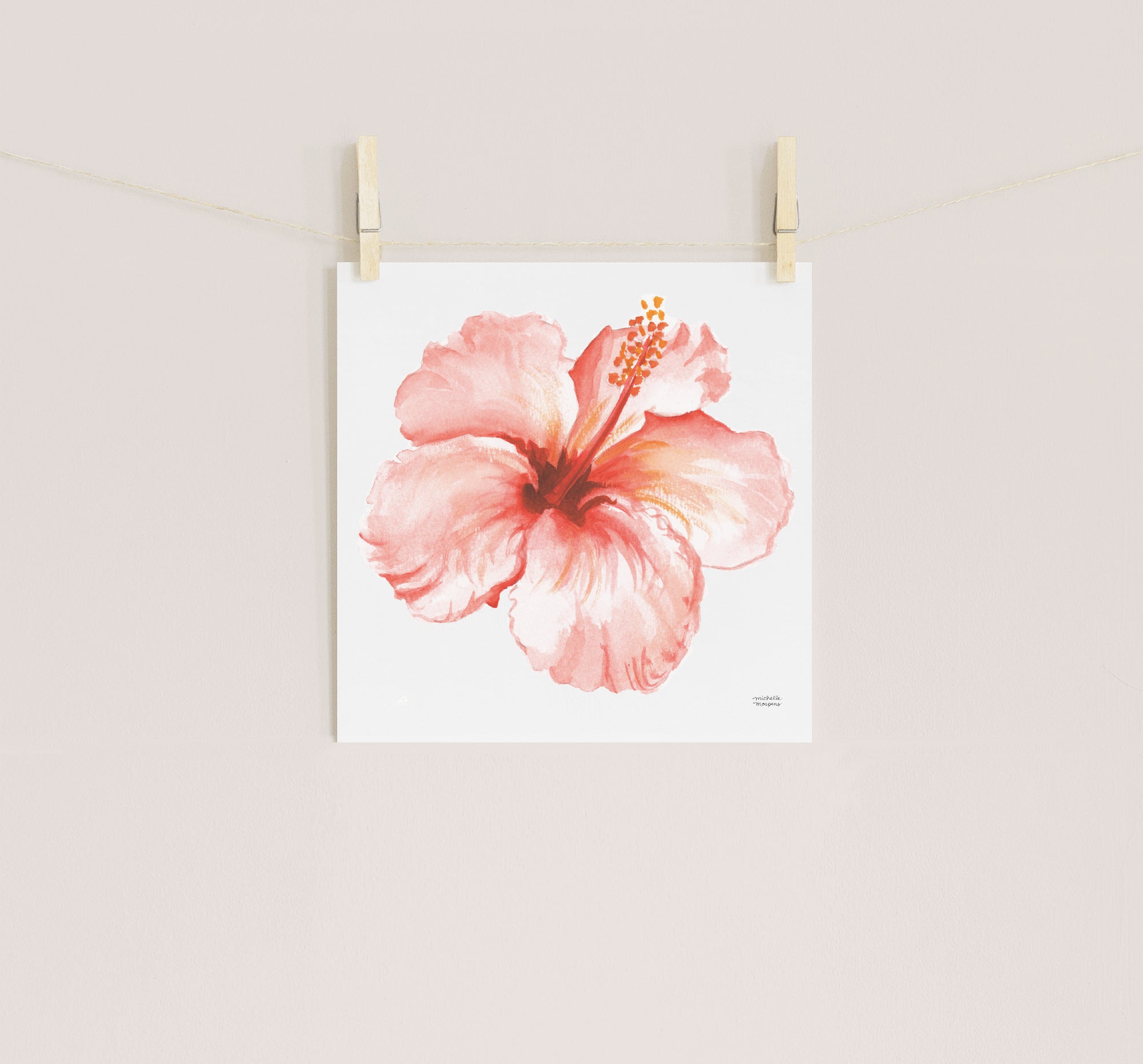 Tropical Coral Hibiscus Flower Watercolor Print by artist Michelle Mospens