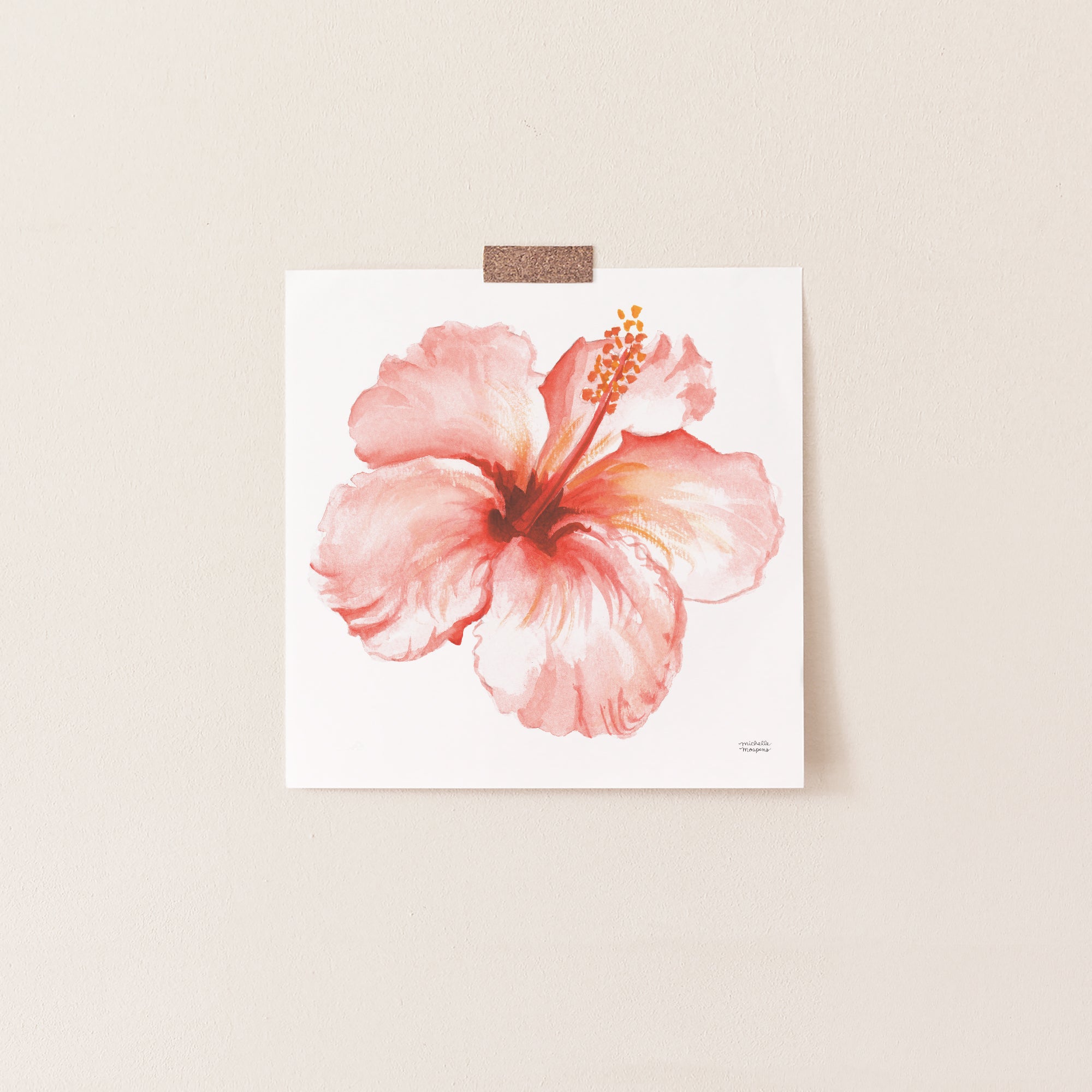Tropical Coral Hibiscus Flower Watercolor Print by artist Michelle Mospens