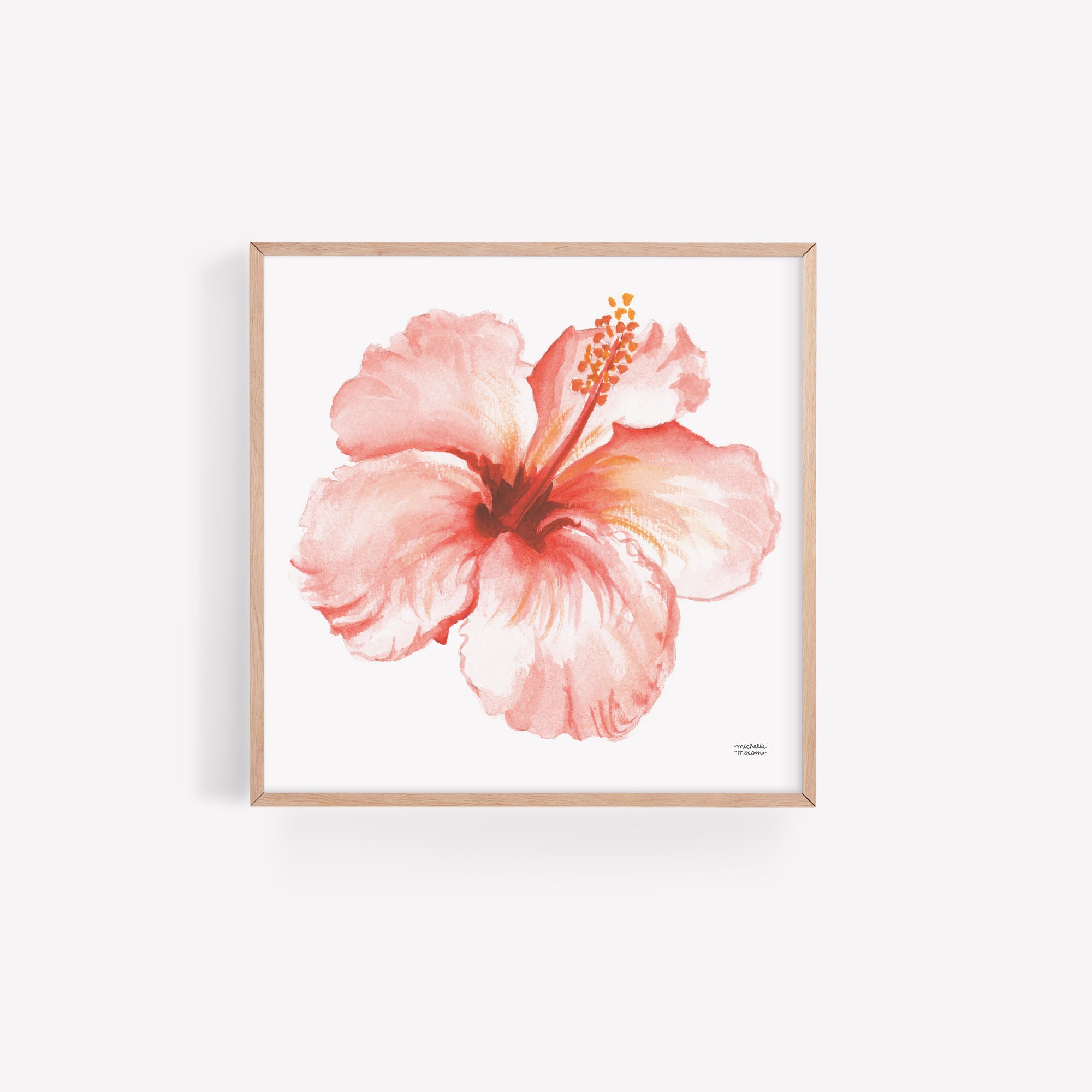 Tropical Coral Hibiscus Flower Watercolor Print by artist Michelle Mospens