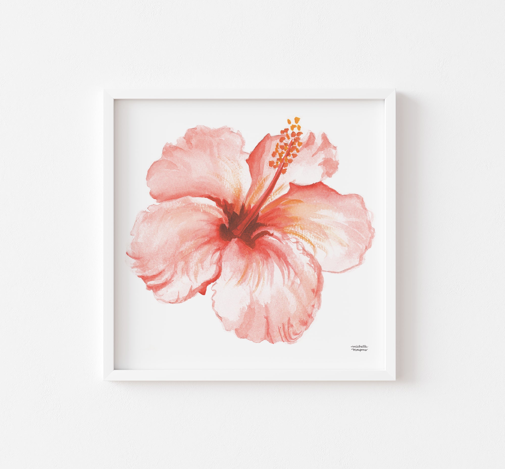 Tropical Coral Hibiscus Flower Watercolor Print by artist Michelle Mospens