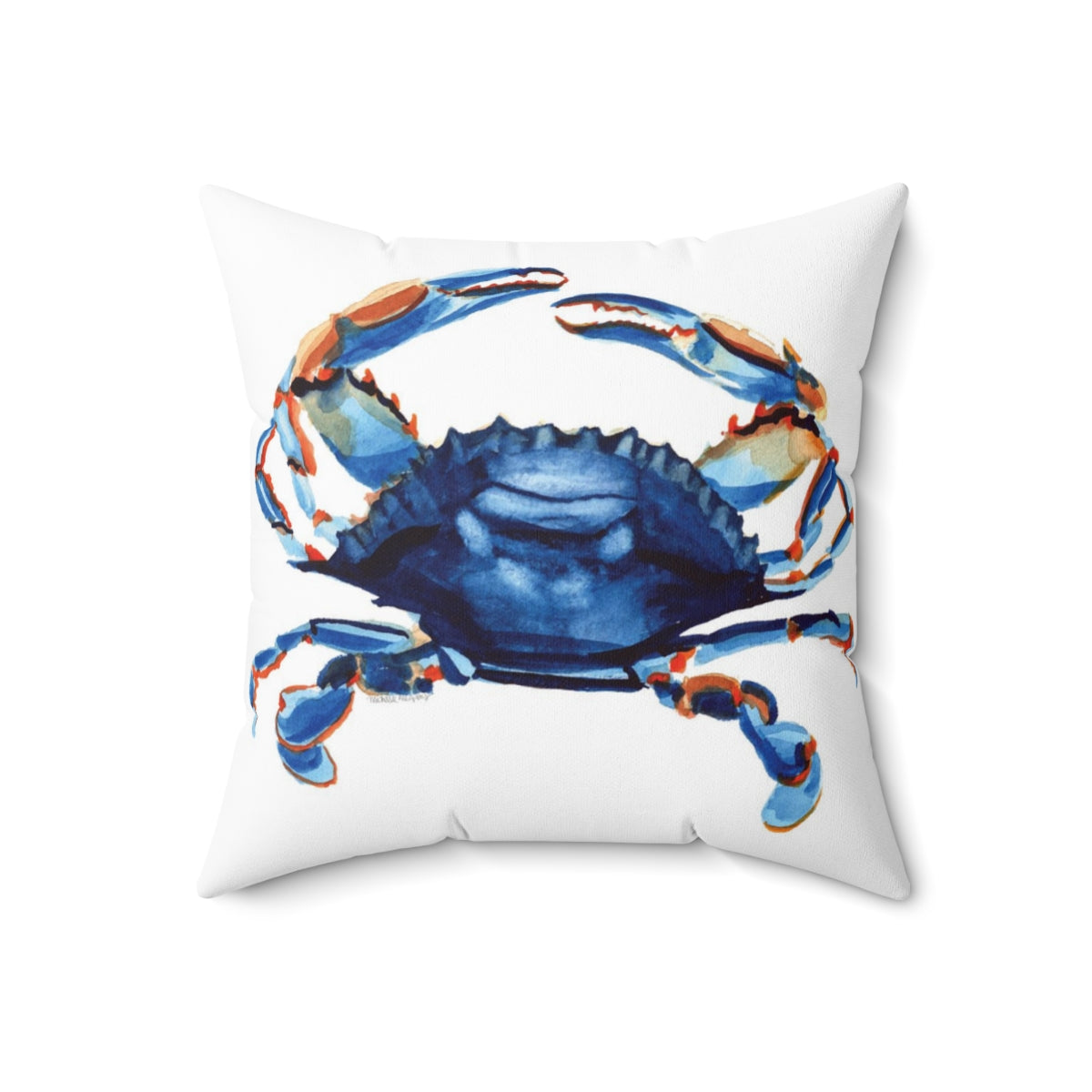 Watercolor Nautical Blue Crab Coastal Square Pillow