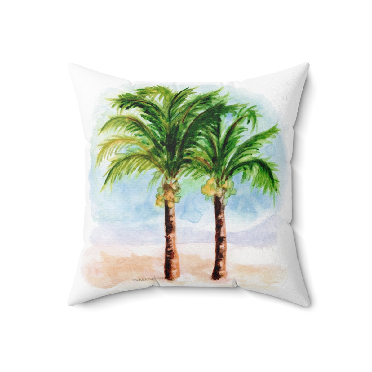 Watercolor Tropical Palm Trees Square Pillow by Artist Michelle Mospens
