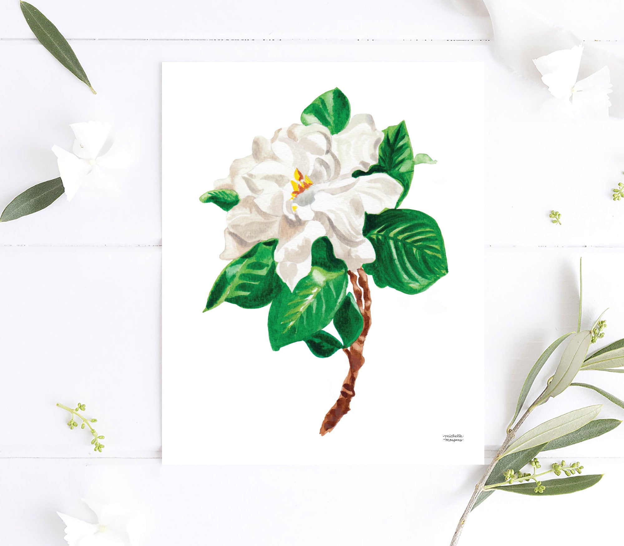 Gardenia flower watercolor painting art print by artist Michelle Mospens.