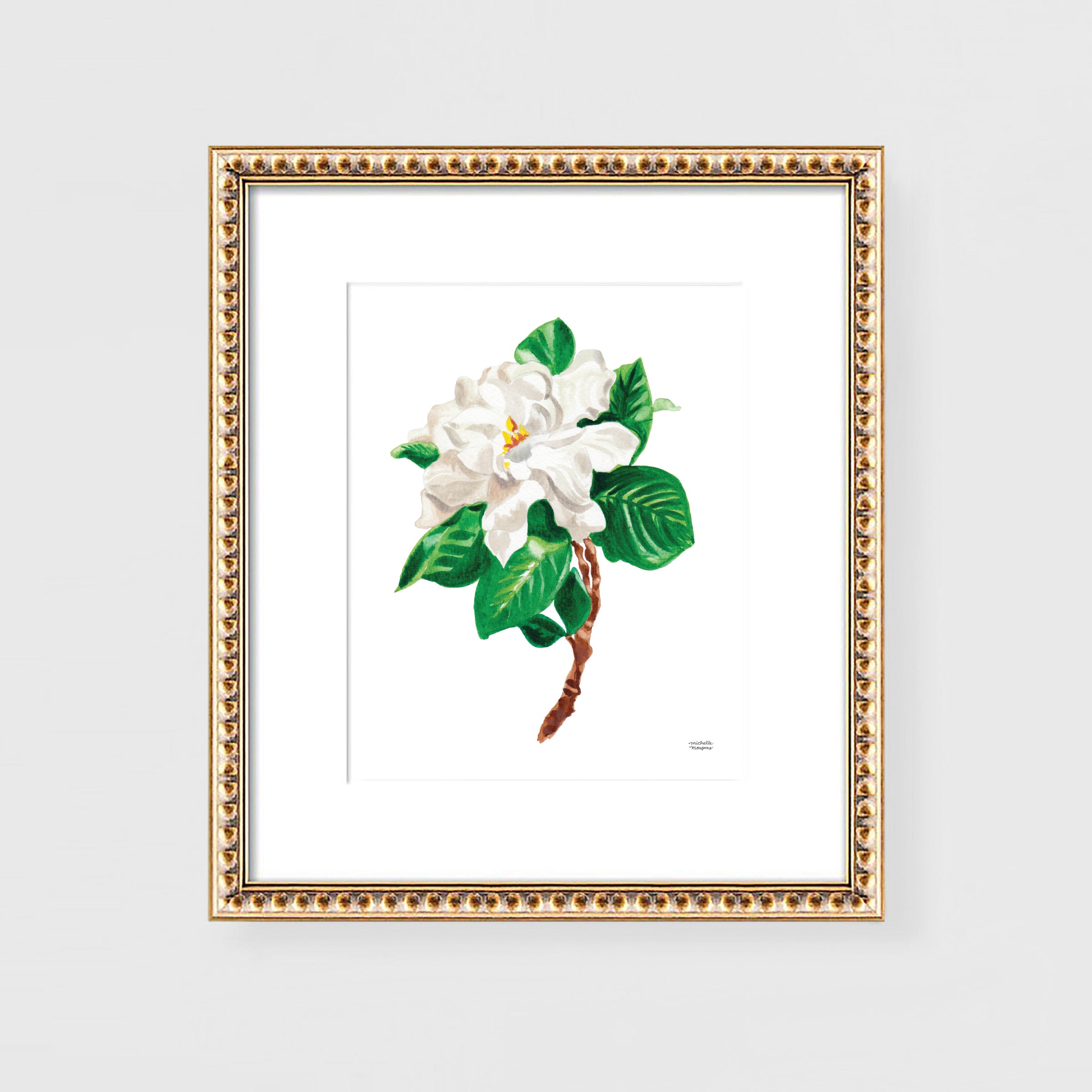 Gardenia flower watercolor painting art print by artist Michelle Mospens.
