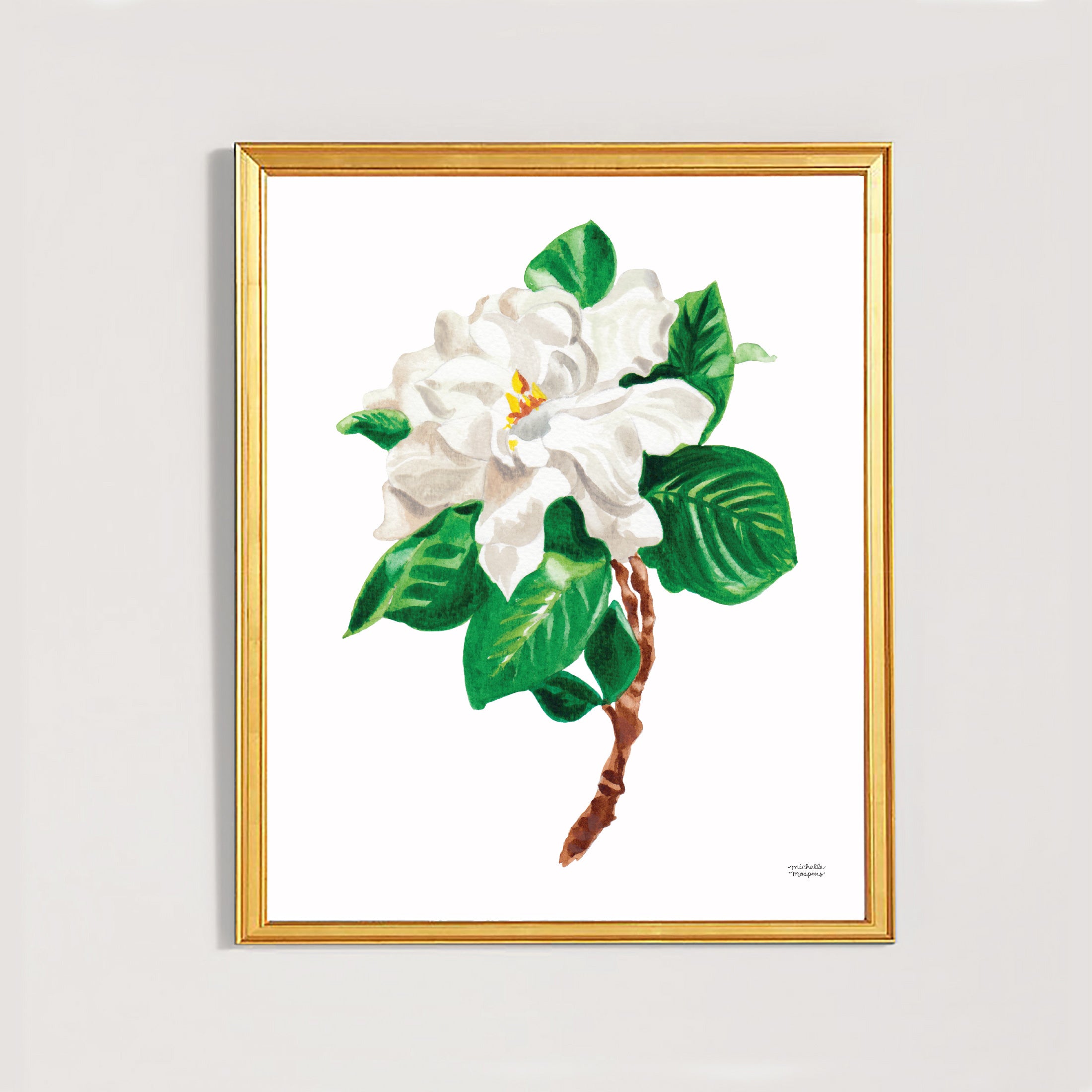 Gardenia flower watercolor painting art print by artist Michelle Mospens.