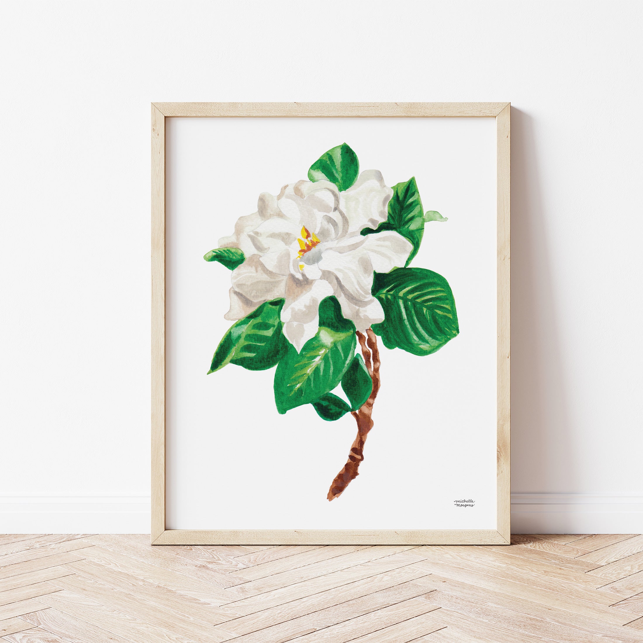 Gardenia flower watercolor painting art print by artist Michelle Mospens.