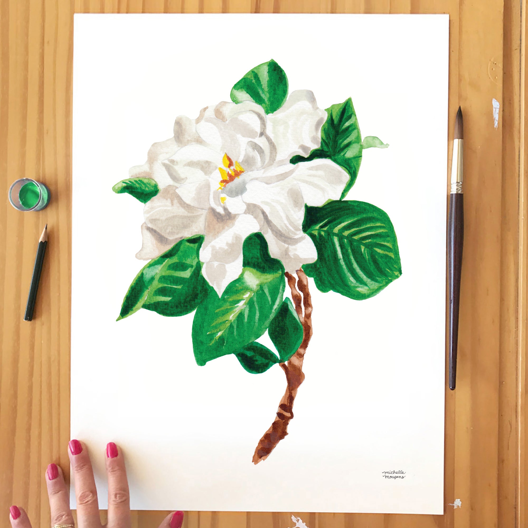Gardenia flower watercolor painting art print by artist Michelle Mospens.