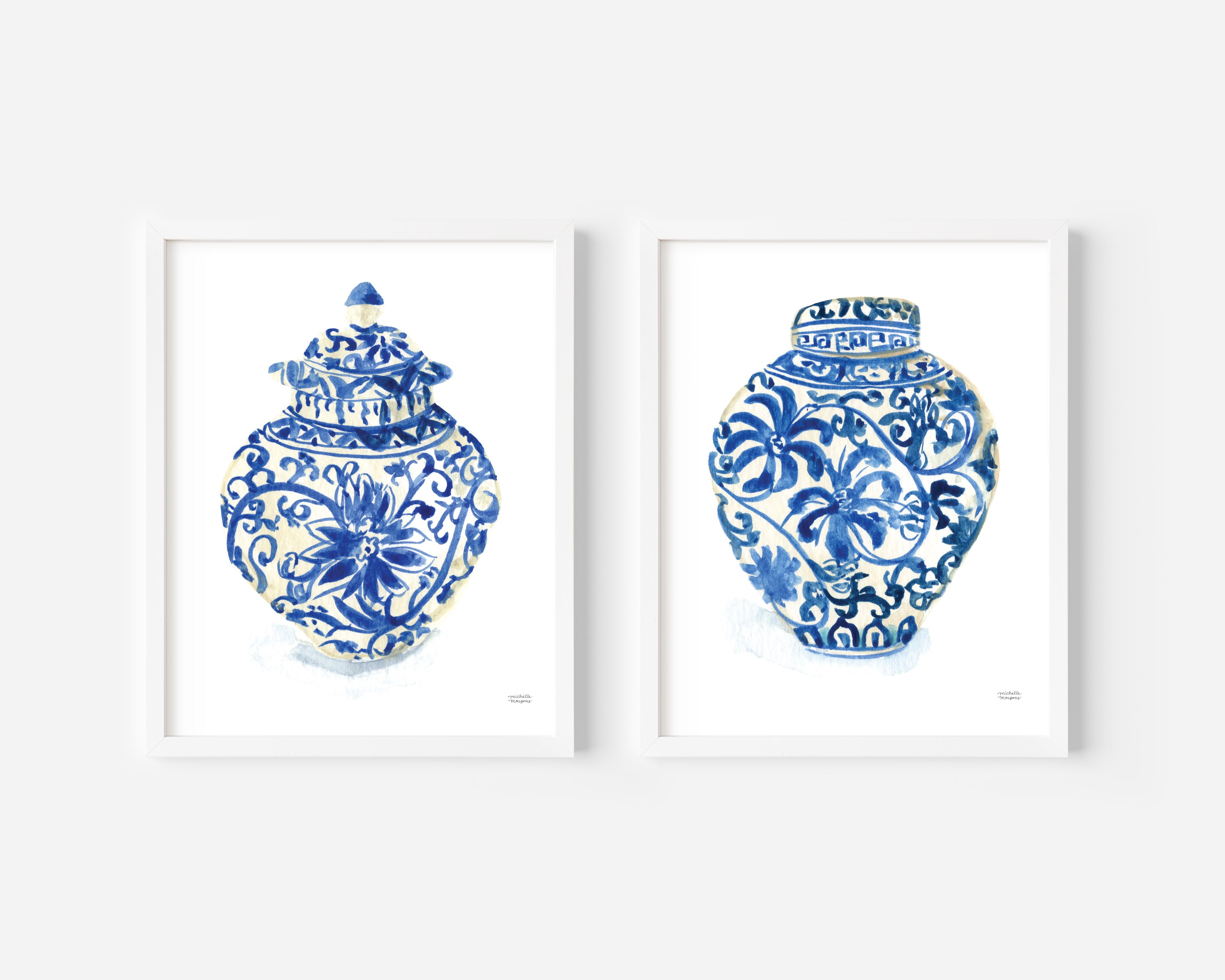 Blue and white chinoiserie ginger jars watercolor painting wall art print set of 2 by artist Michelle Mospens.