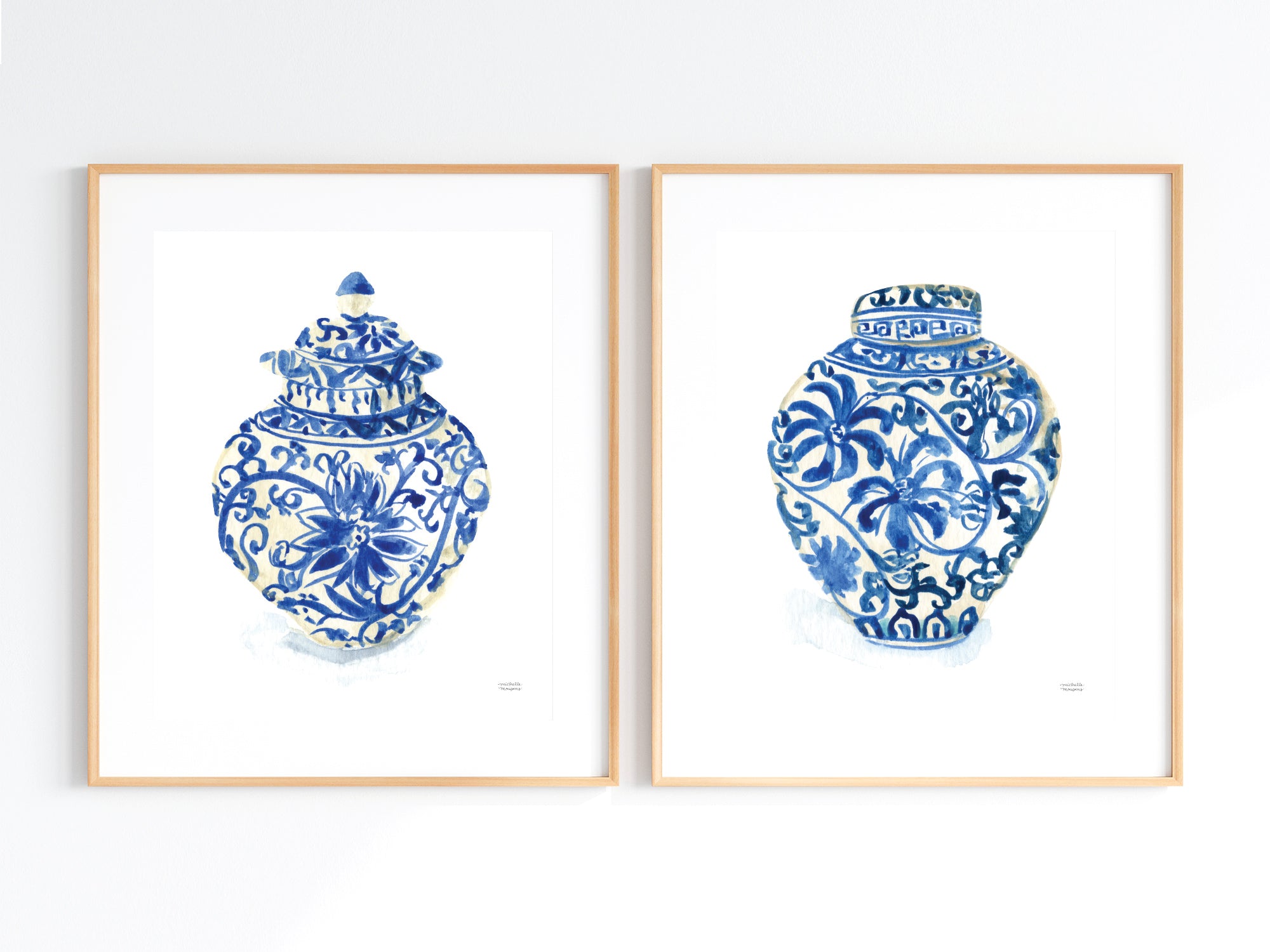 Blue and white chinoiserie ginger jars watercolor painting wall art print set of 2 by artist Michelle Mospens.