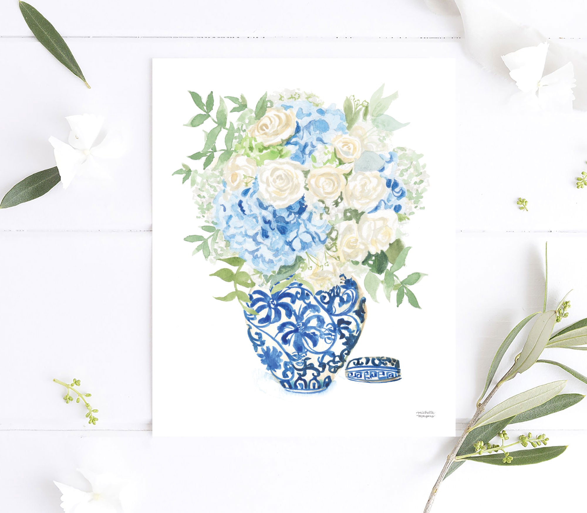 Watercolor Ginger Jar Bouquet Art Print by Michelle Mospens.