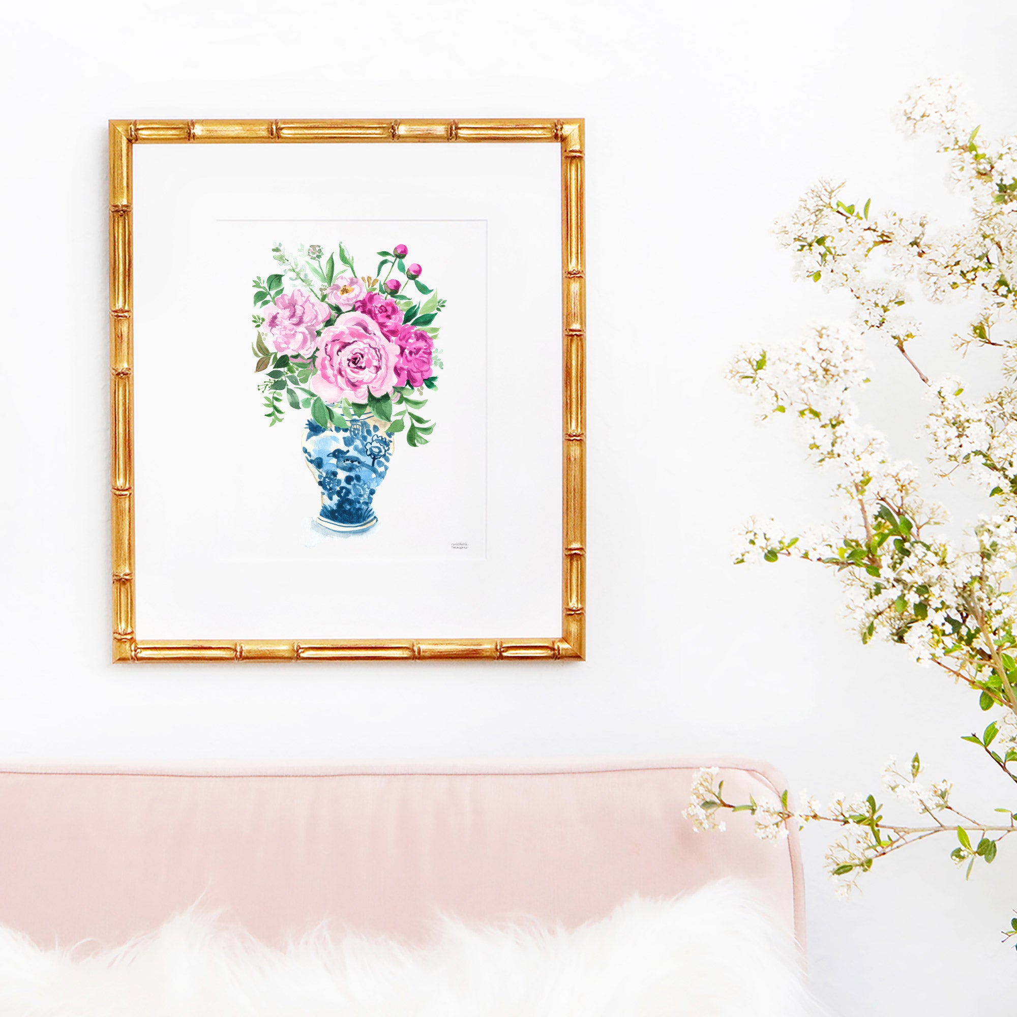 Watercolor Ginger Jar No10 with Pink Flowers Art Print