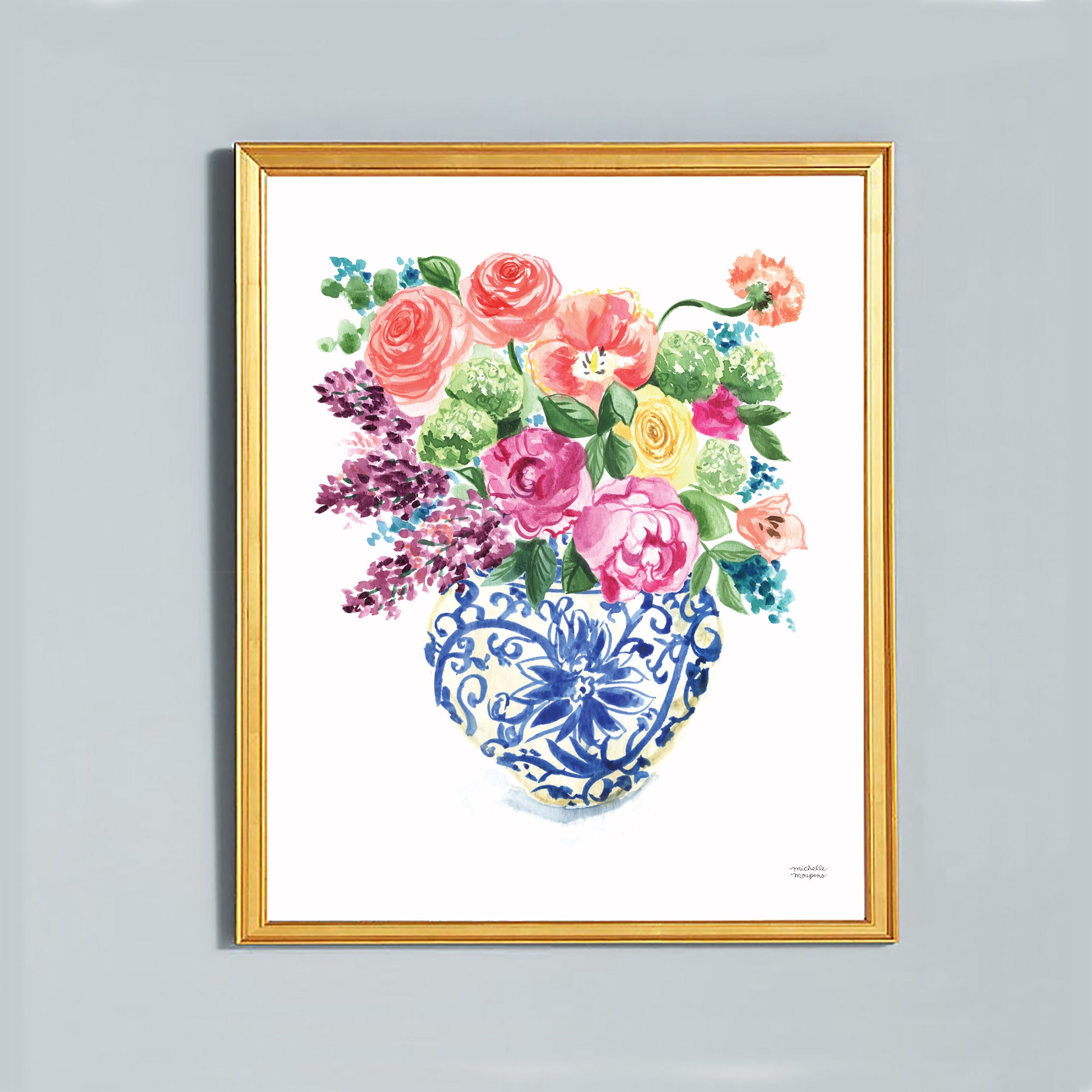 Watercolor Ginger Jar Bouquet Print by Michelle Mospens.