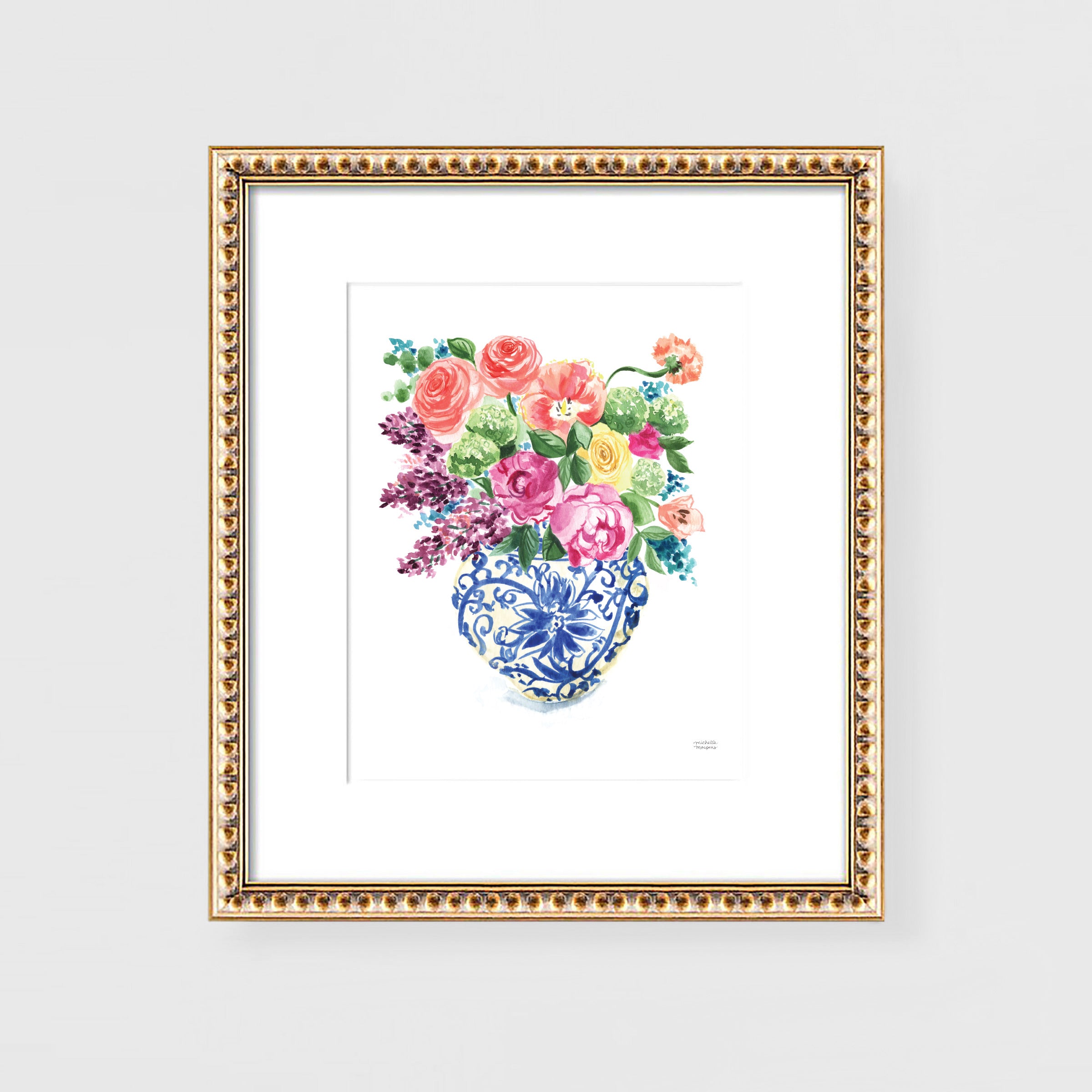 Watercolor Ginger Jar Bouquet Print by Michelle Mospens.