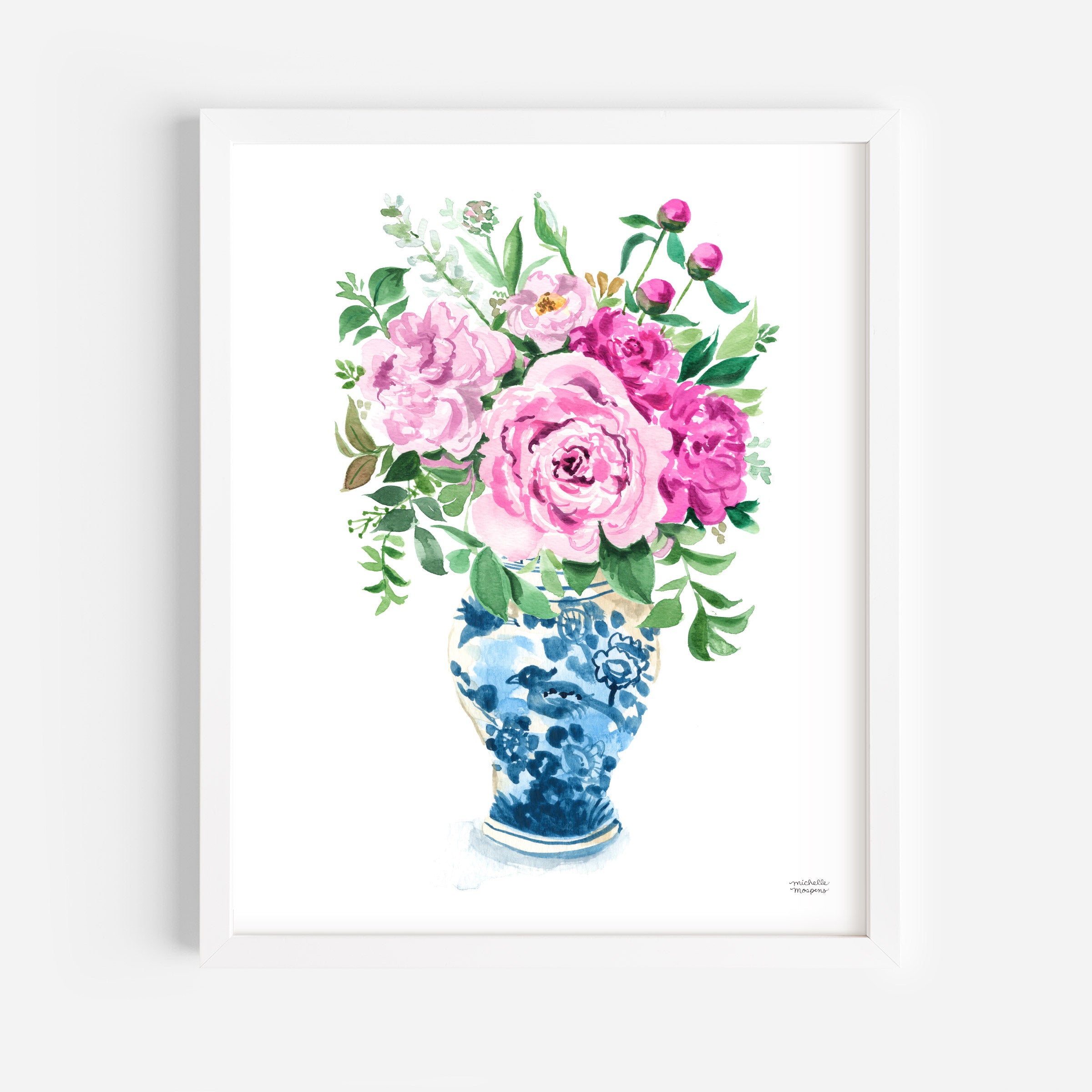 Watercolor Ginger Jar No10 with Pink Flowers Art Print