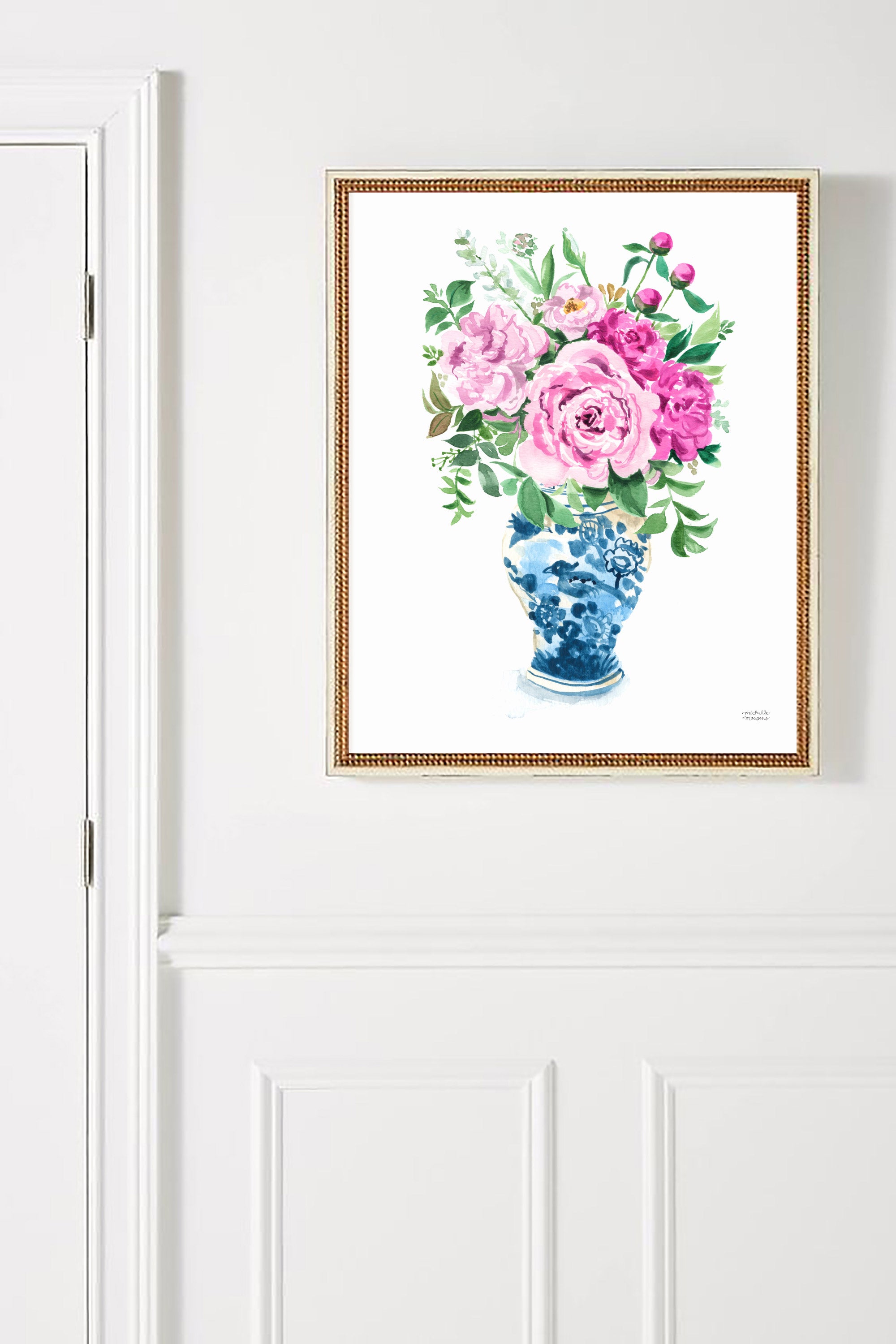 Watercolor Ginger Jar No10 with Pink Flowers Art Print