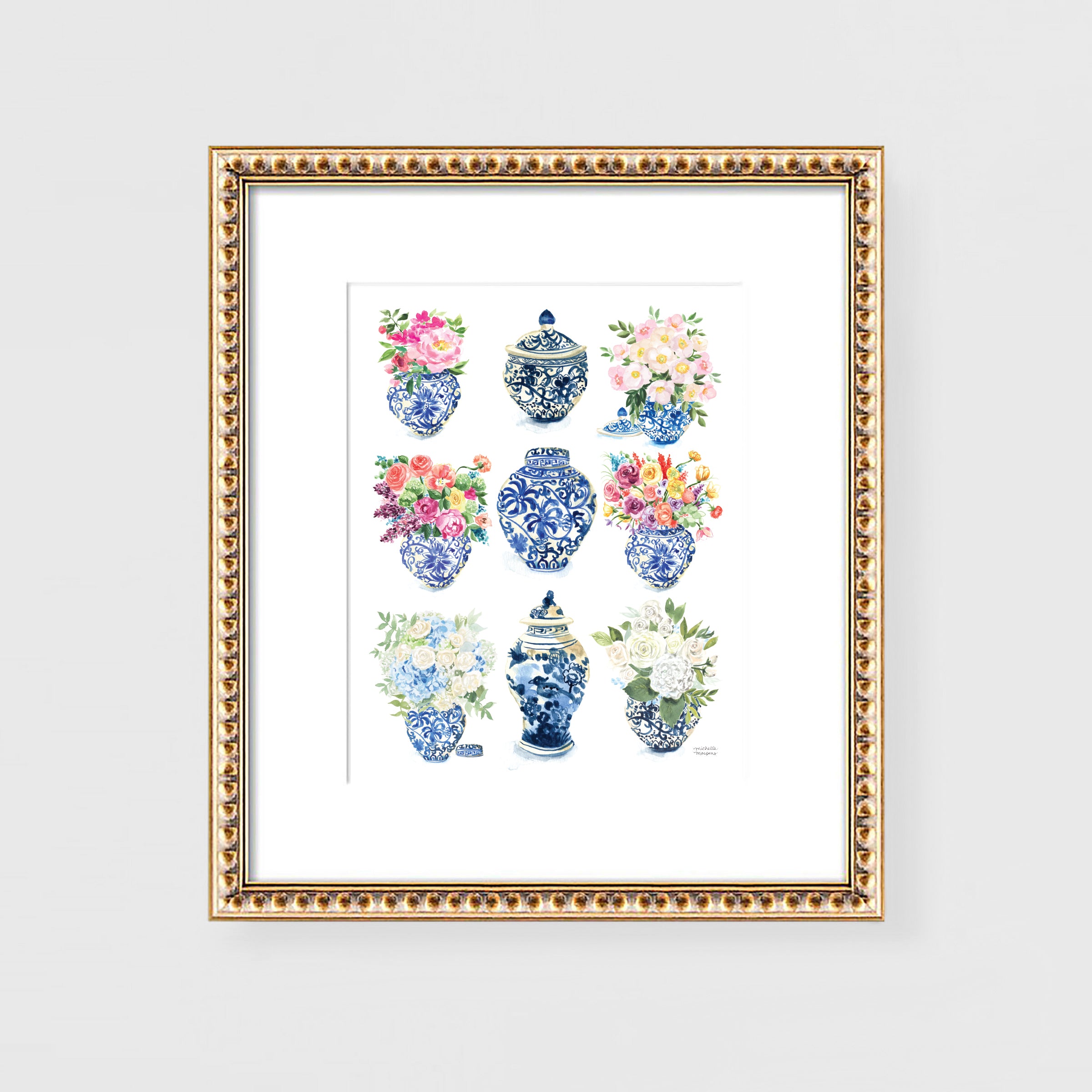 Watercolor Ginger Jars Collection Extra Large Wall Art Print by Michelle Mospens