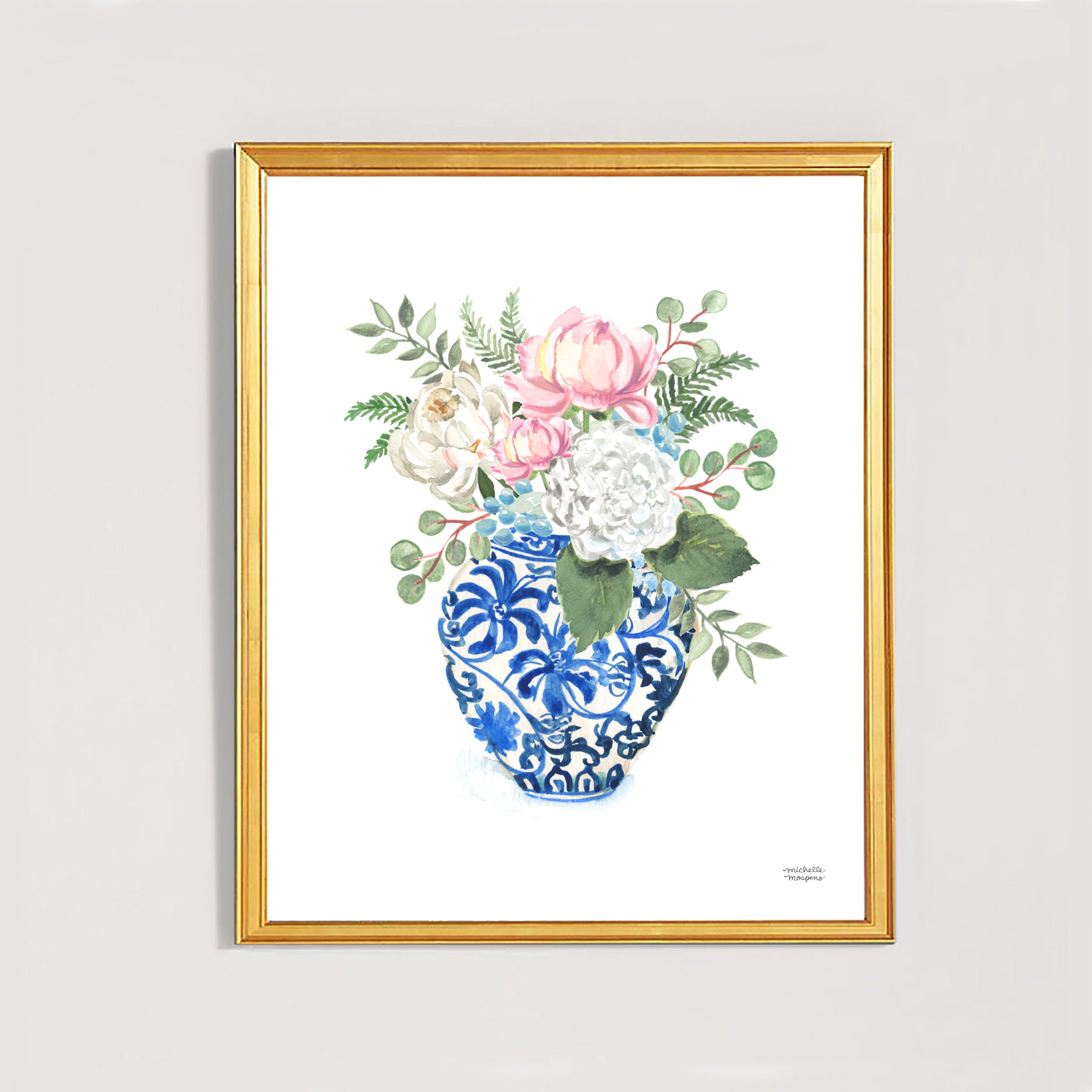 Watercolor ginger jar blue and white vase with flowers by watercolor artist Michelle Mospens.