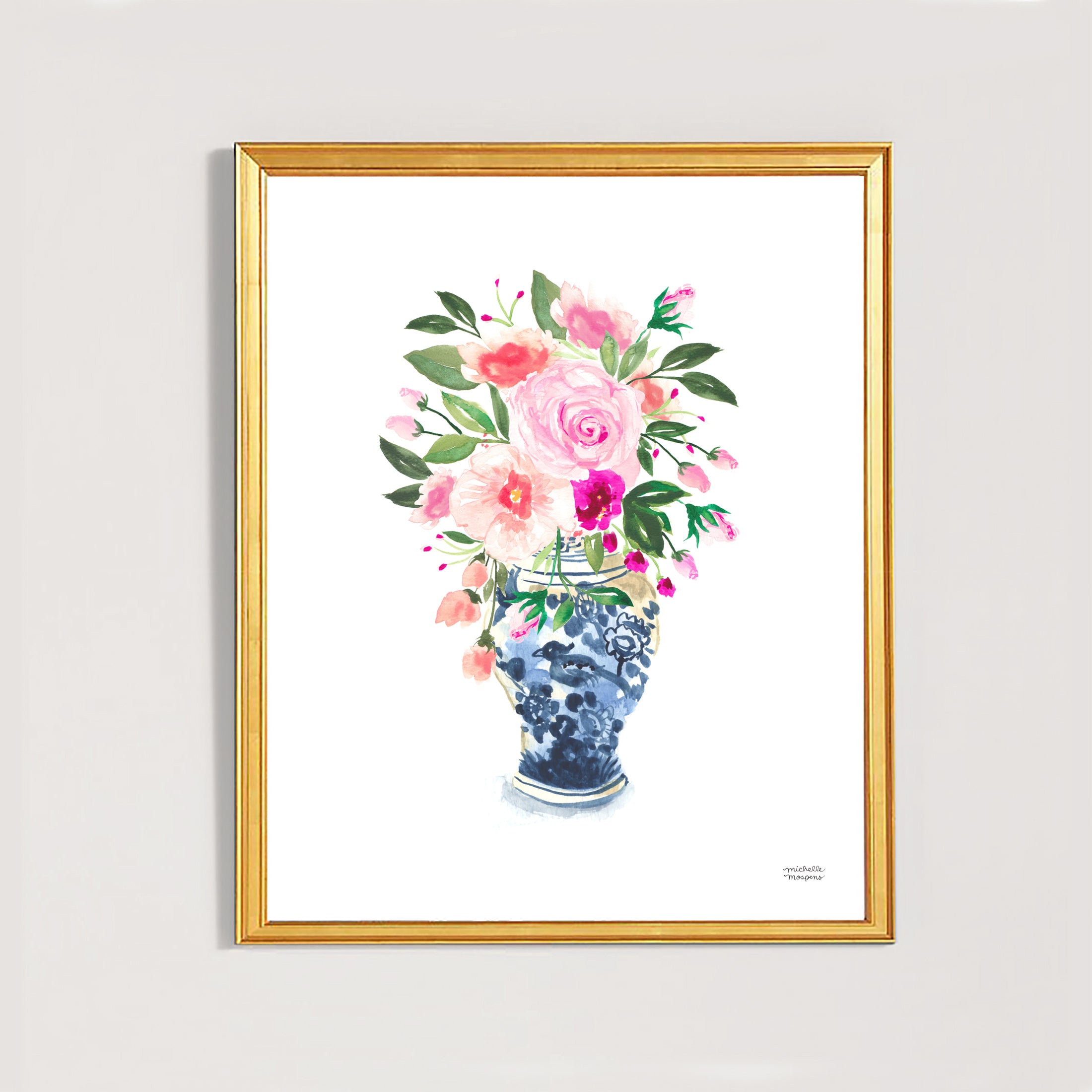 Watercolor ginger jar blue and white vase with flowers by watercolor artist Michelle Mospens.