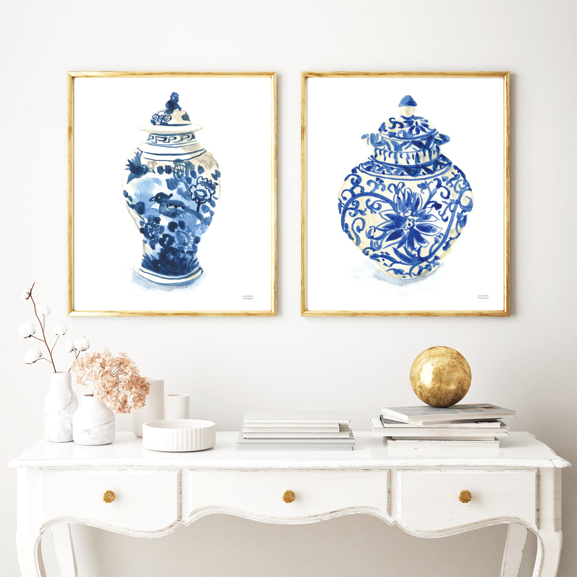 Vintage Ginger Jars No1 and 4 Watercolor Art Print Set