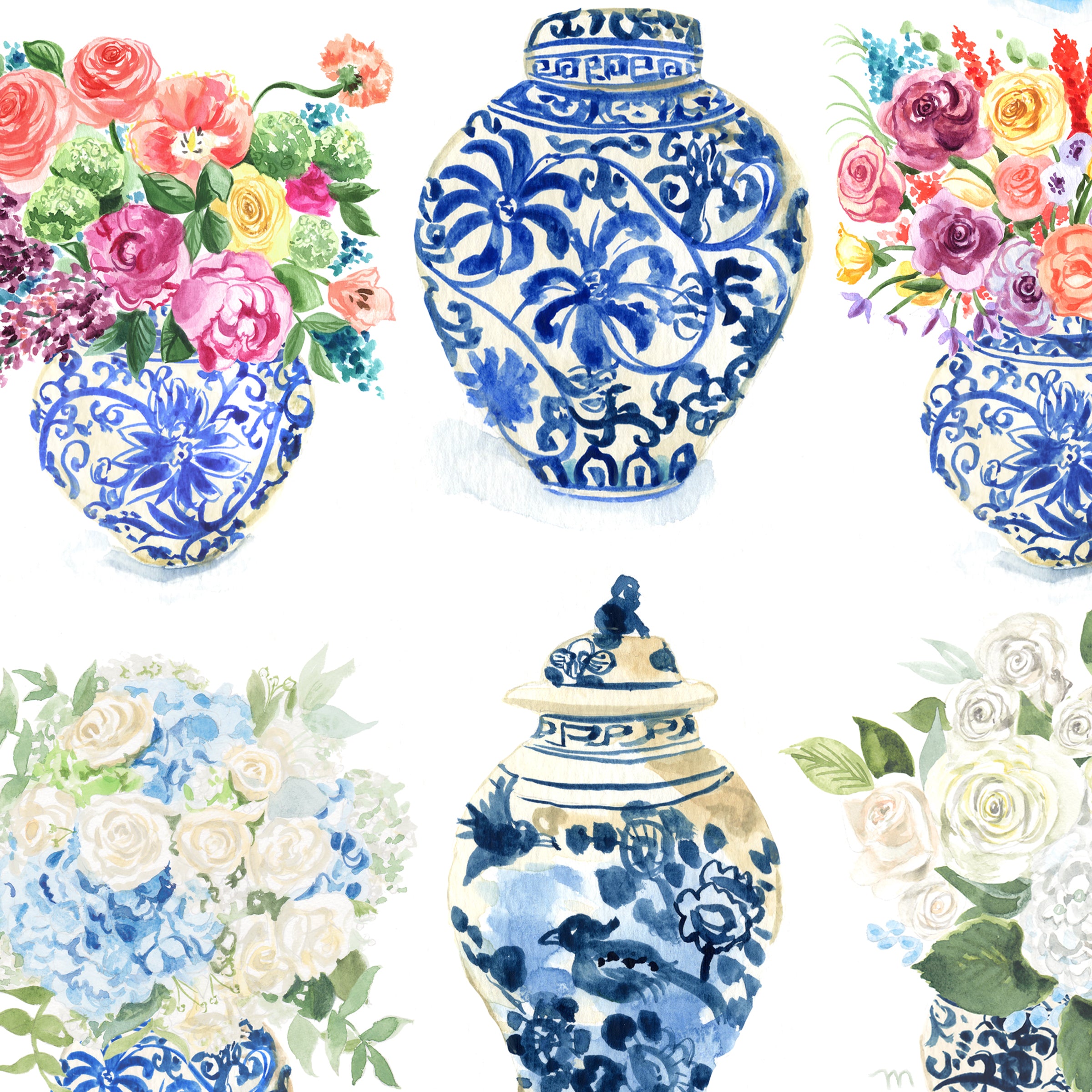 Watercolor Ginger Jars Collection Extra Large Wall Art Print by Michelle Mospens