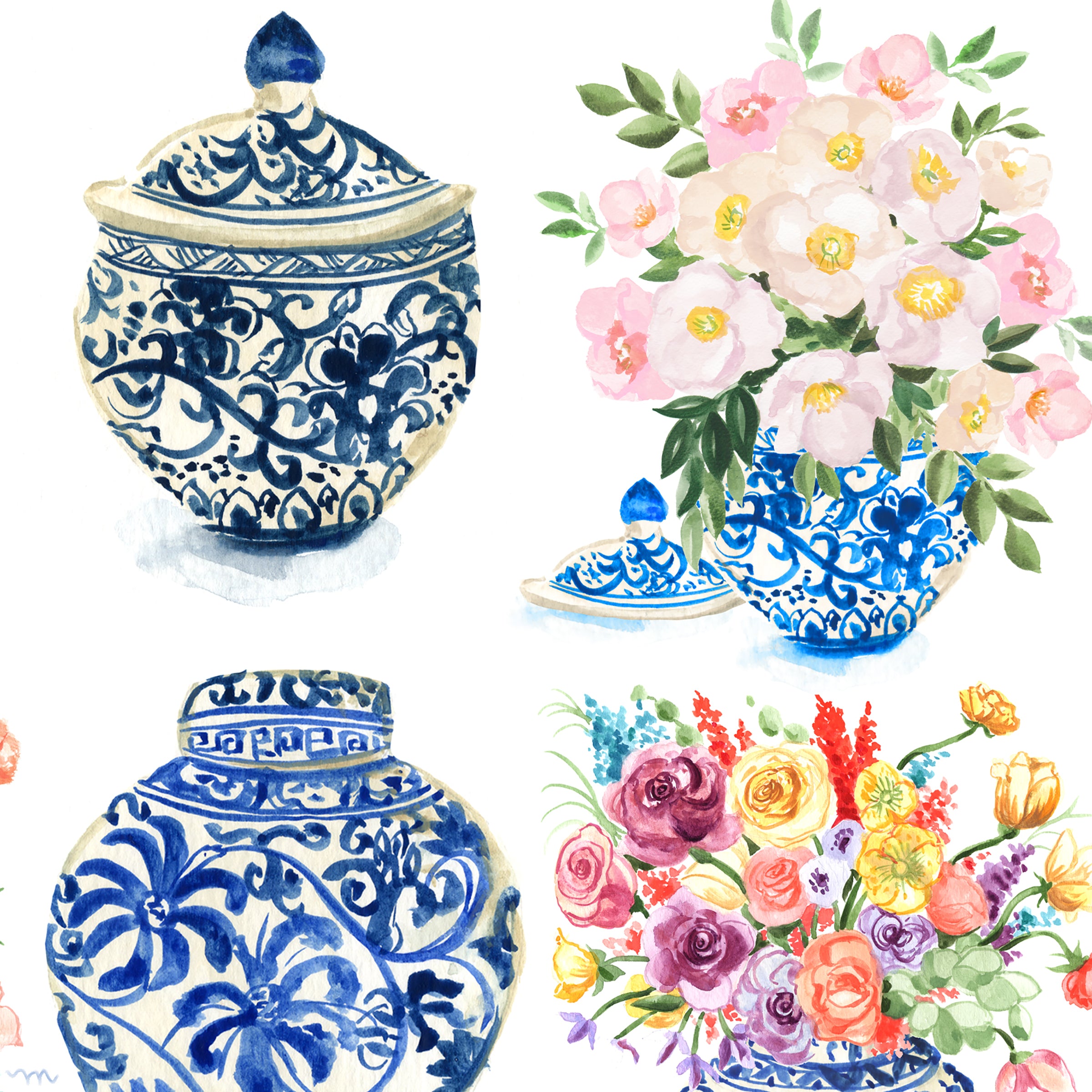 Watercolor Ginger Jars Collection Extra Large Wall Art Print by Michelle Mospens