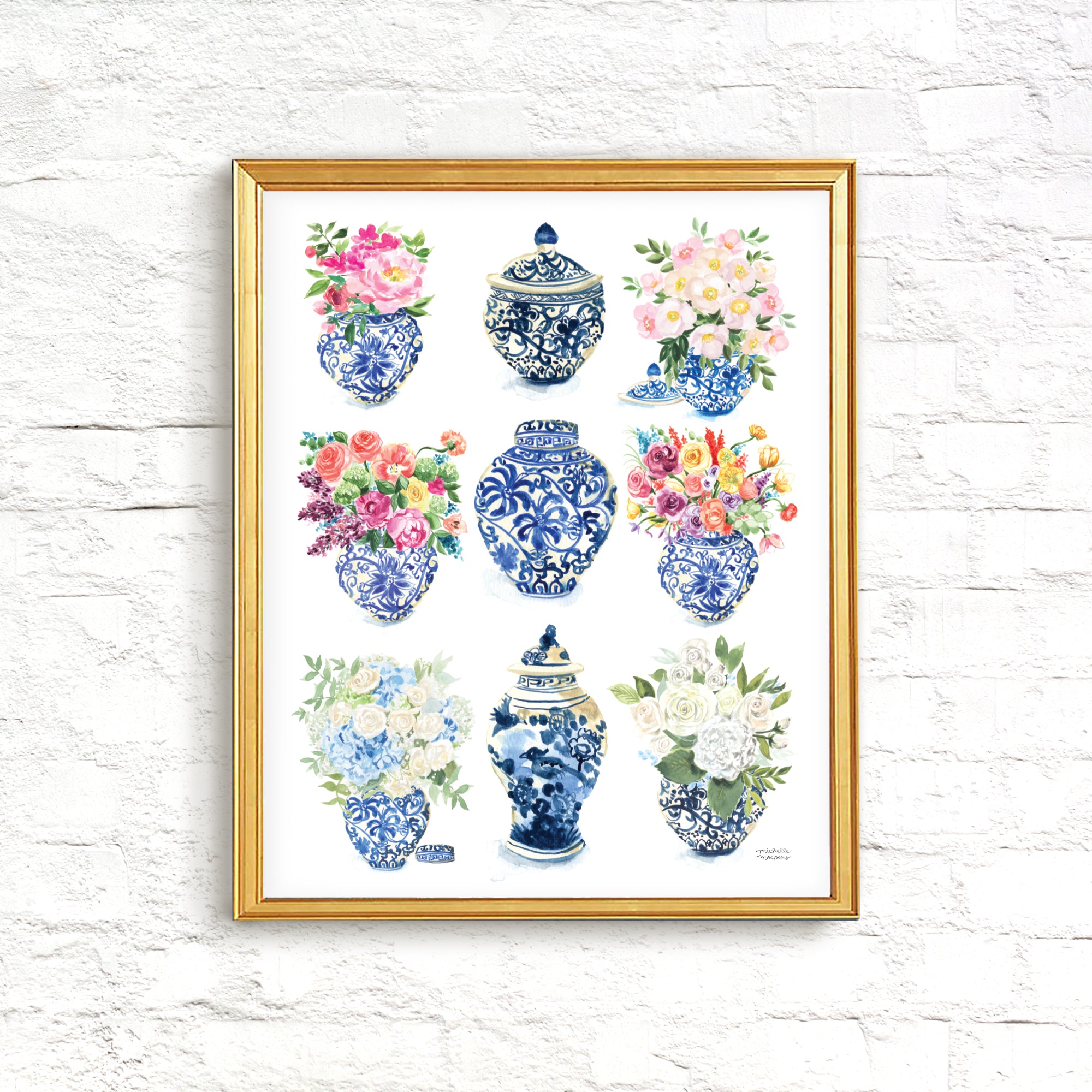 Watercolor Ginger Jars Collection Extra Large Wall Art Print by Michelle Mospens